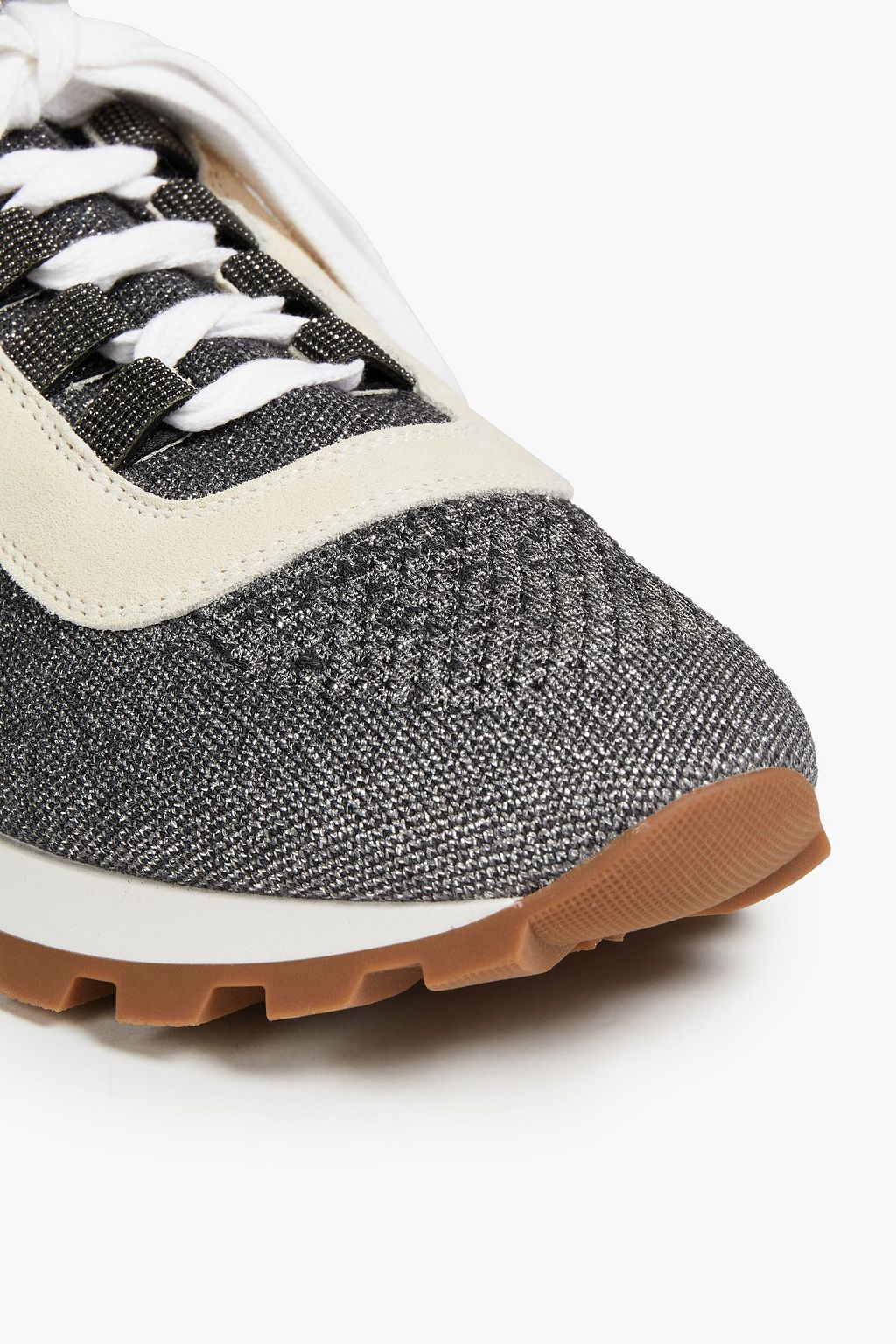 BRUNELLO CUCINELLI Bead-embellished metallic stretch-knit and suede sneakers