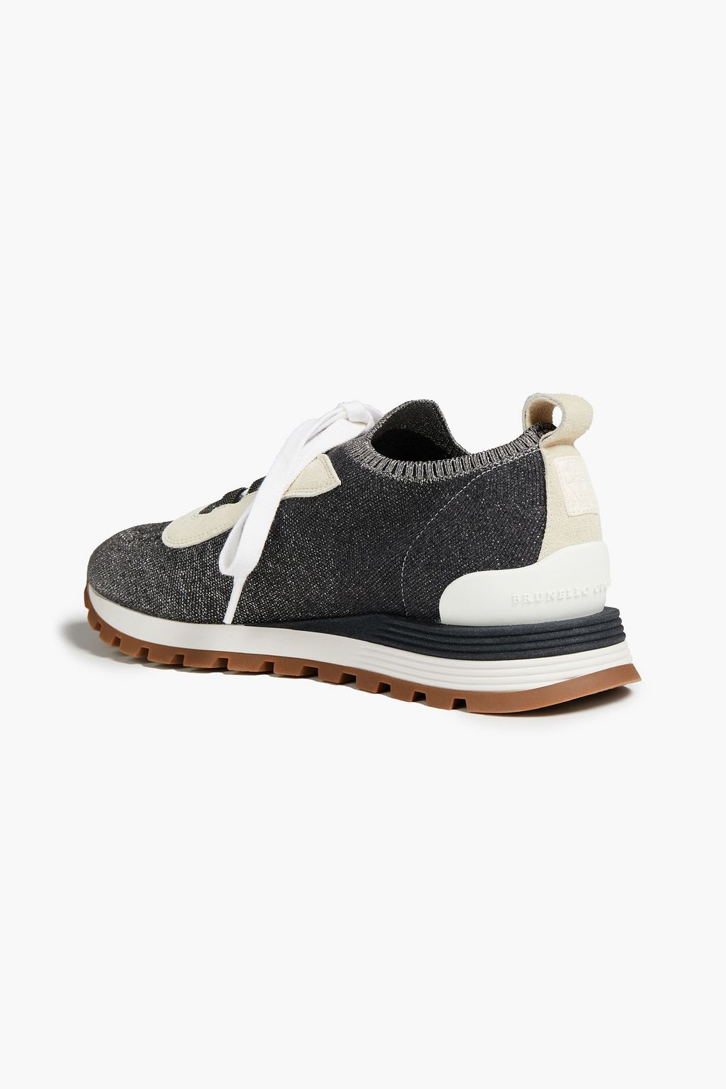 BRUNELLO CUCINELLI Bead-embellished metallic stretch-knit and suede sneakers