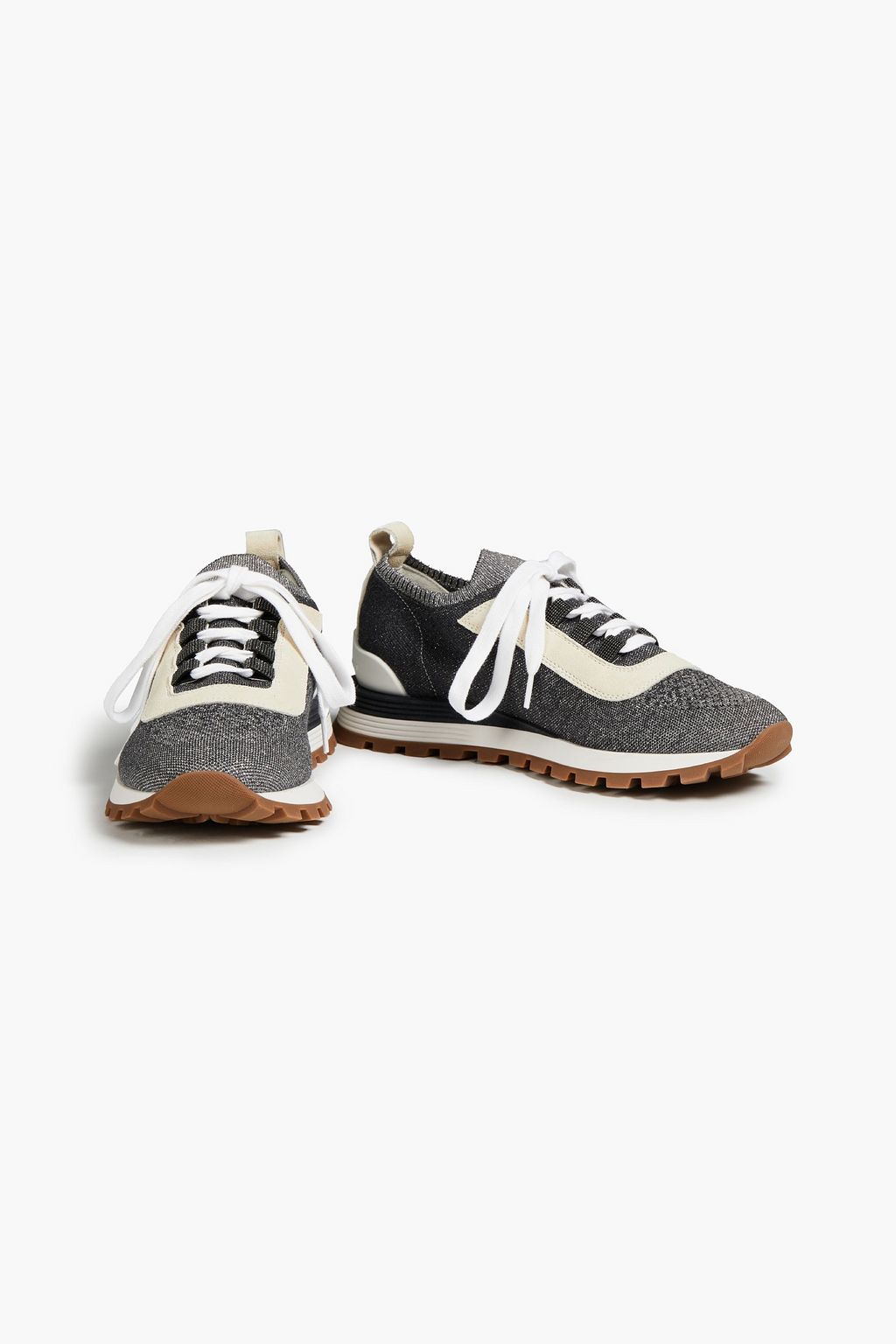 BRUNELLO CUCINELLI Bead-embellished metallic stretch-knit and suede sneakers
