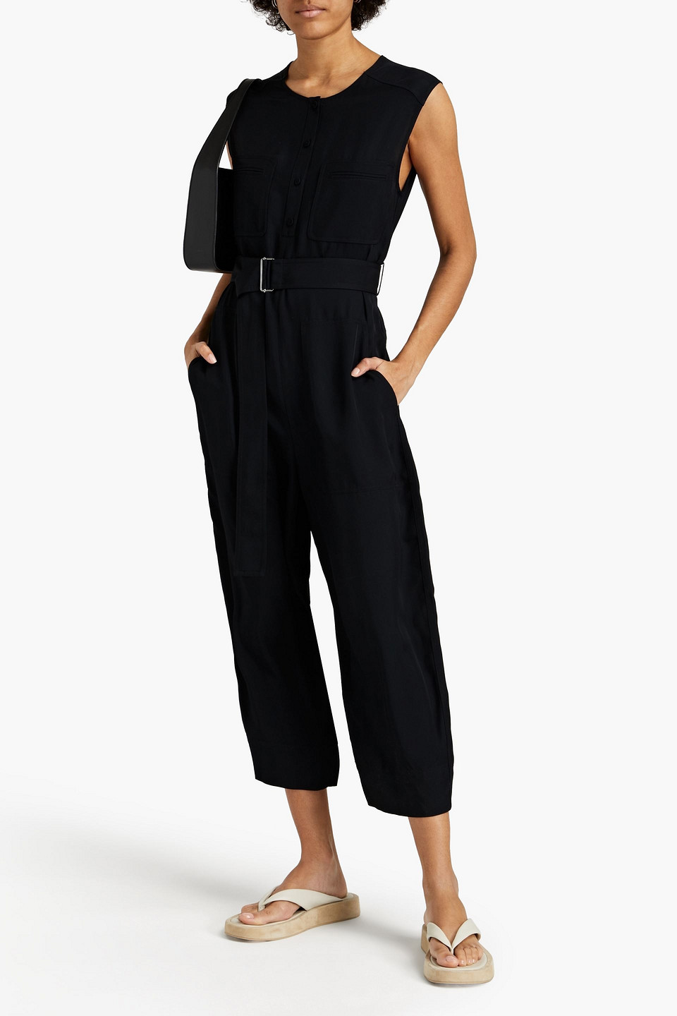 Theory Cropped Belted Twill Jumpsuit In Black