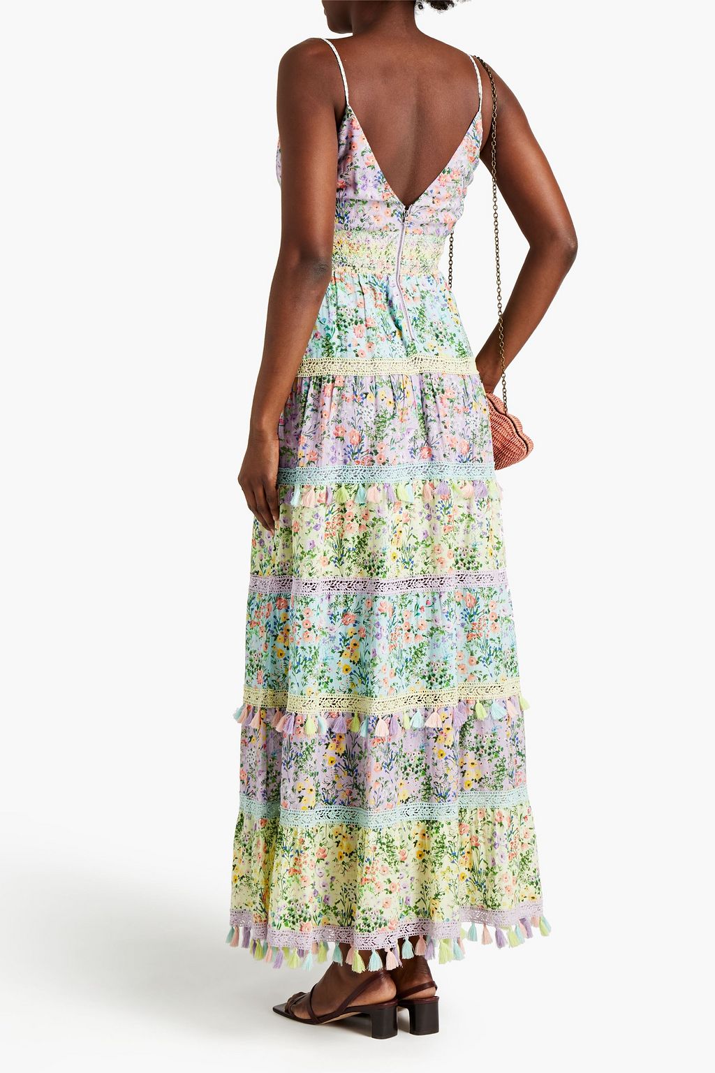 ALICE + OLIVIA Crochet-trimmed gathered floral-print crepe maxi dress