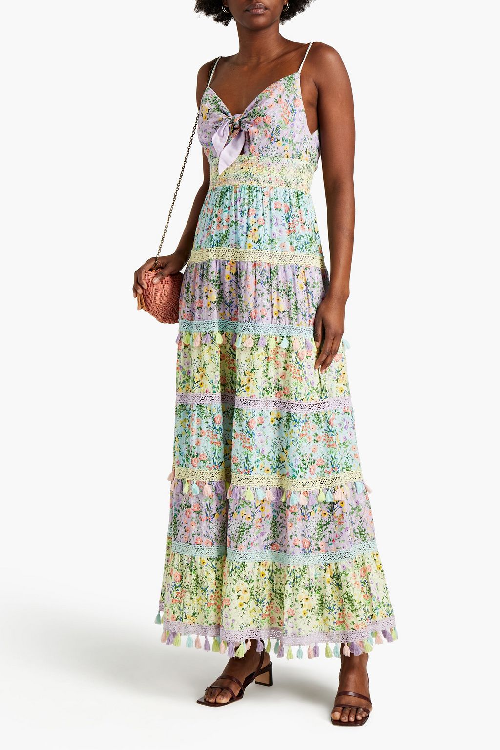 ALICE + OLIVIA Crochet-trimmed gathered floral-print crepe maxi dress