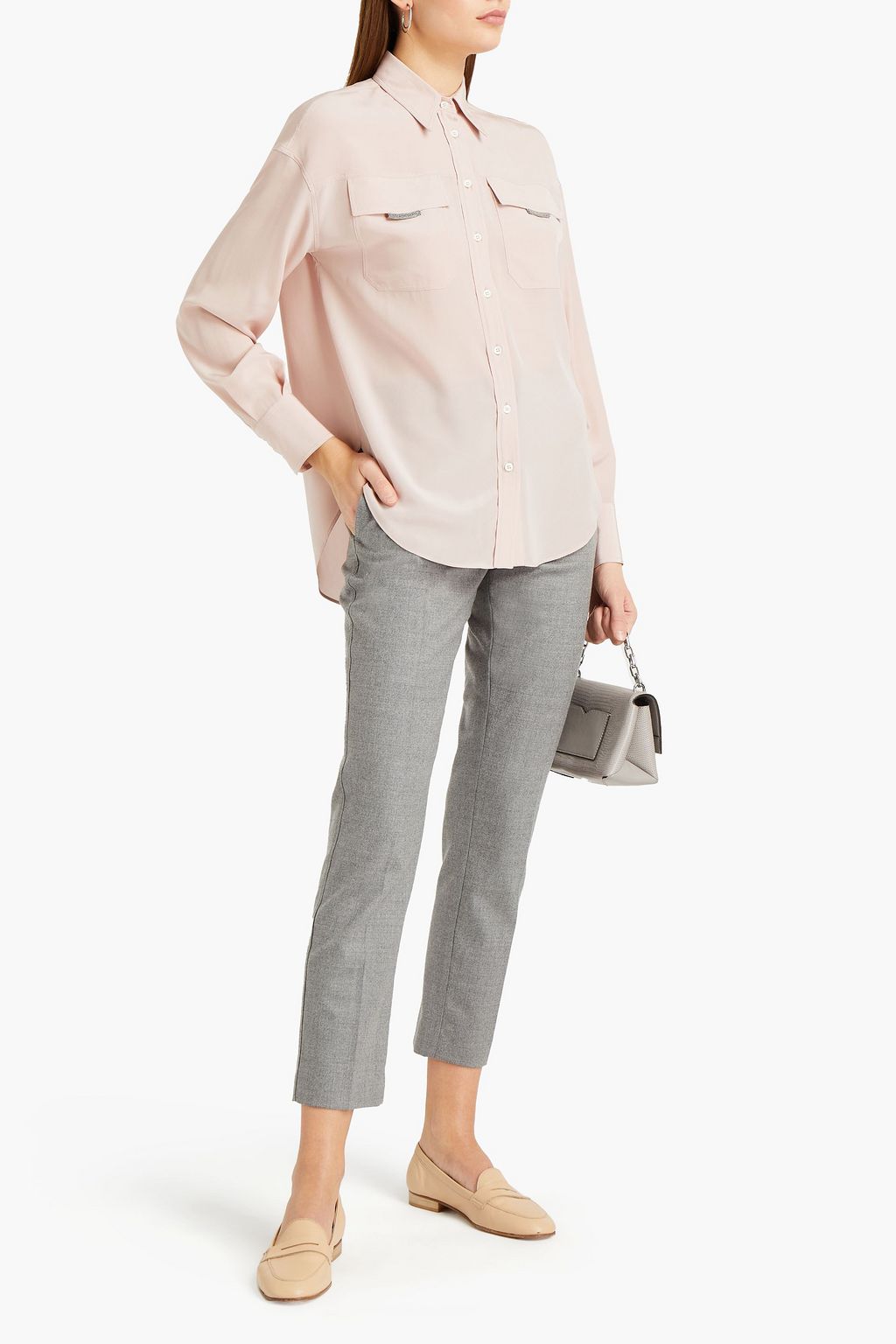 BRUNELLO CUCINELLI Bead-embellished silk crepe de chine shirt