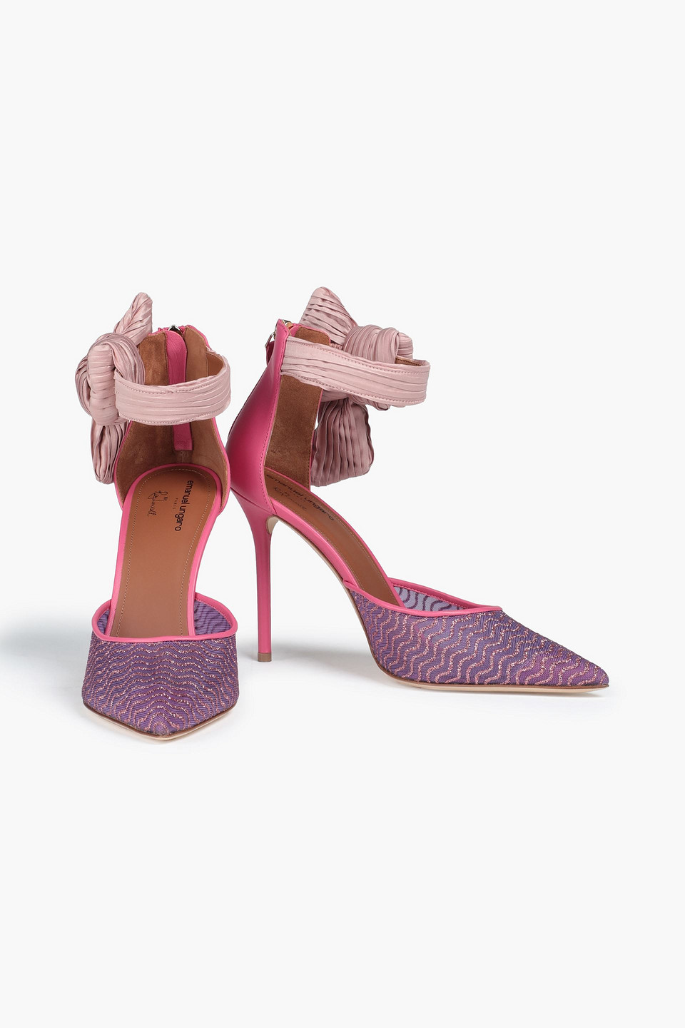 MALONE SOULIERS X EMANUEL UNGARO ELLE GLITTERED MESH, SATIN AND LEATHER PUMPS 3074457345628239688