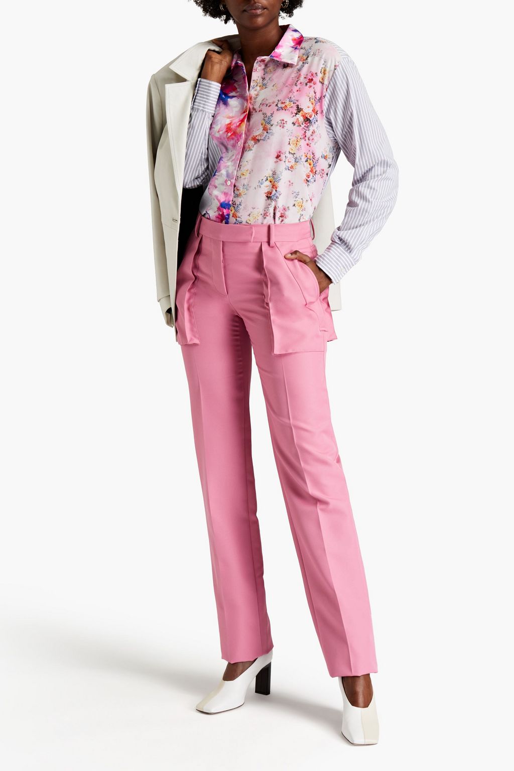 MSGM Floral-print twill-paneled striped cotton-blend poplin shirt