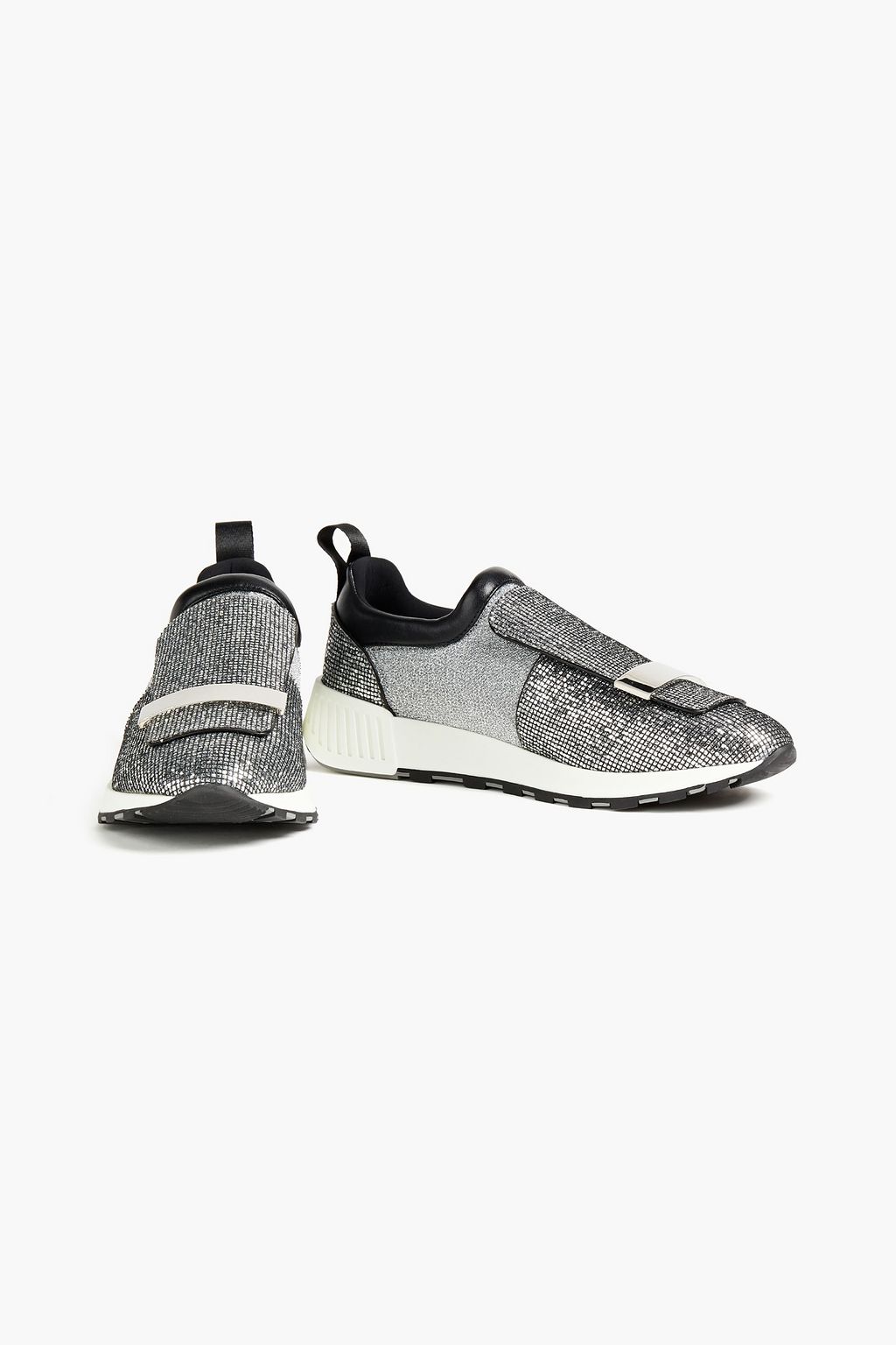 SERGIO ROSSI Leather-trimmed glittered stretch-knit sneakers