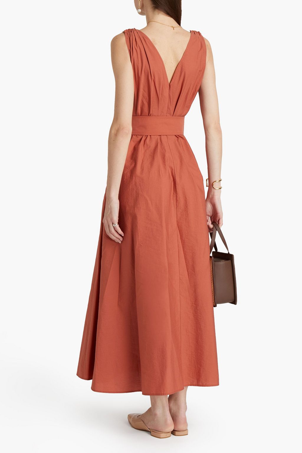 BRUNELLO CUCINELLI Bead-embellished gathered cotton-blend poplin midi dress