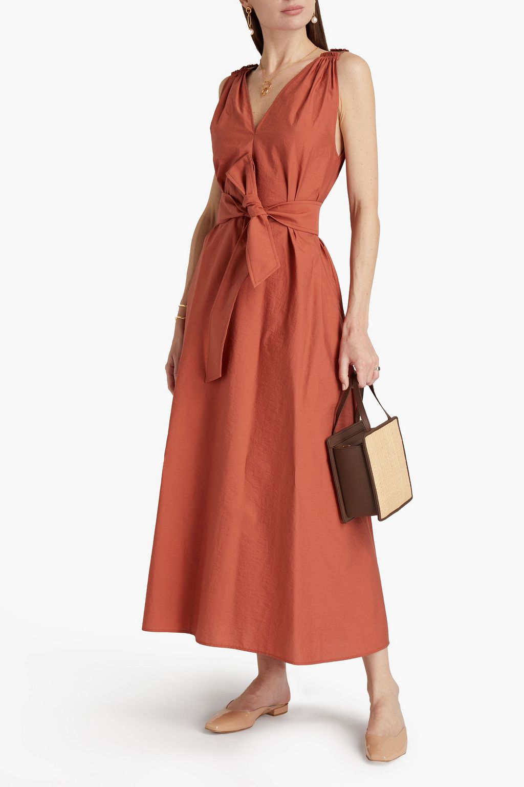 BRUNELLO CUCINELLI Bead-embellished gathered cotton-blend poplin midi dress
