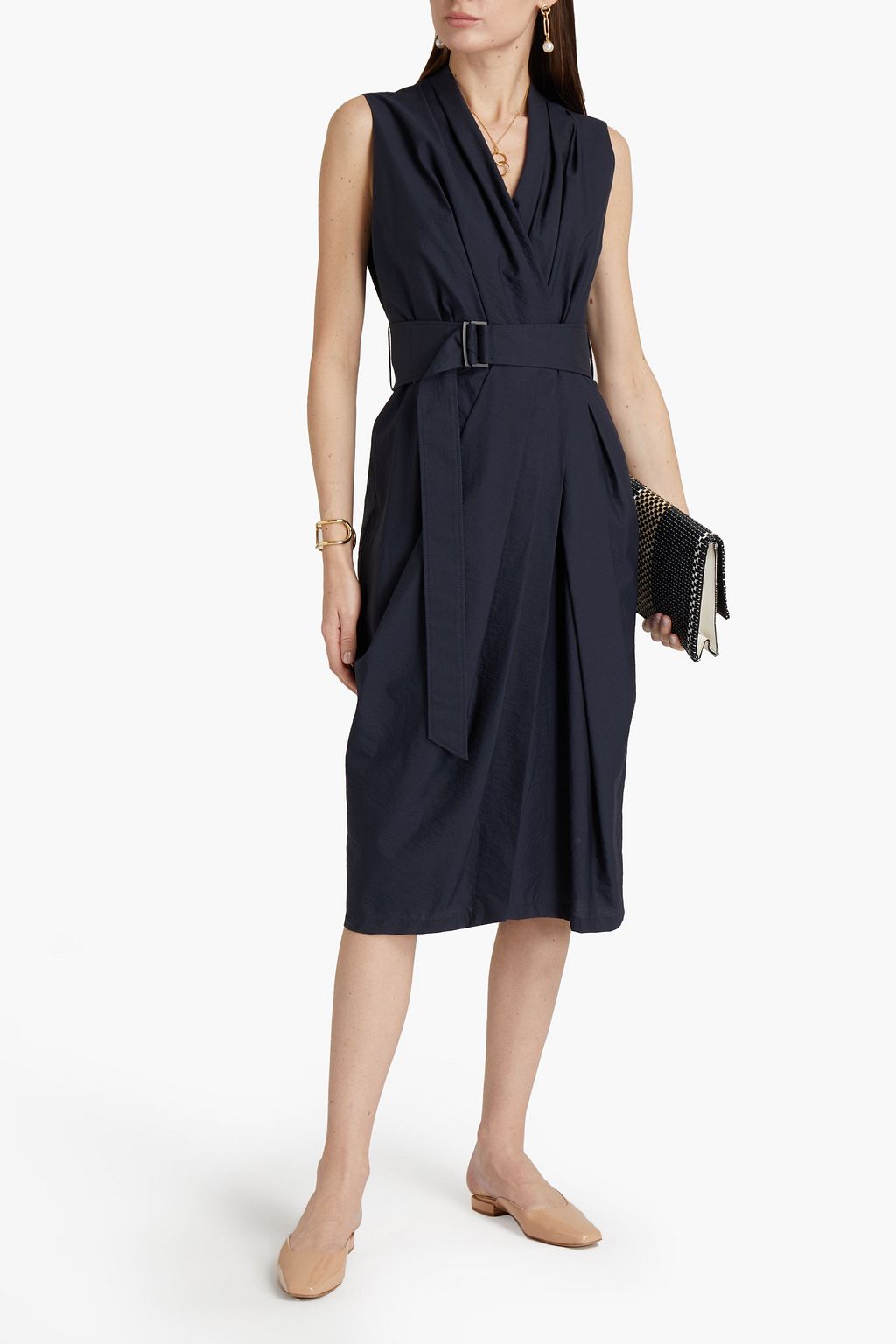 BRUNELLO CUCINELLI Bead-embellished belted cotton-blend poplin midi wrap dress