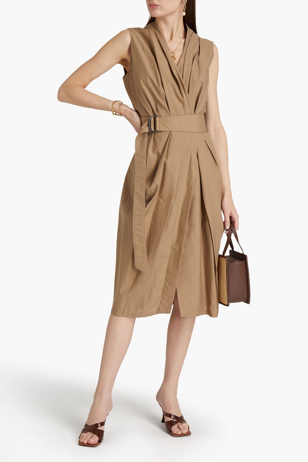 BRUNELLO CUCINELLI Bead-embellished belted cotton-blend poplin midi wrap dress