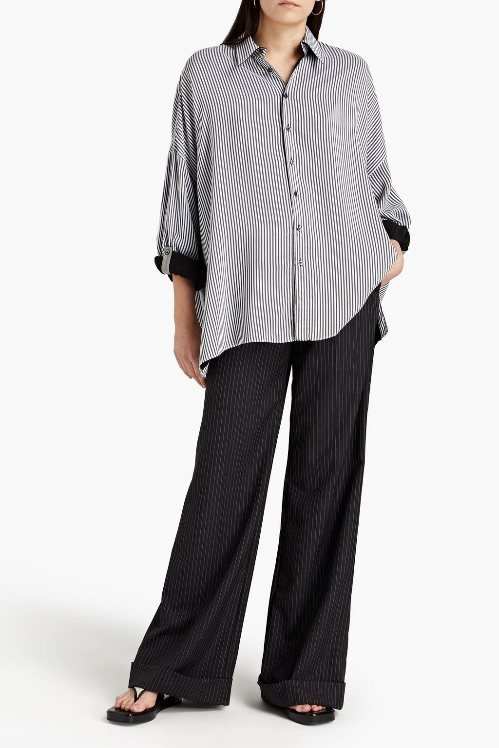 BRUNELLO CUCINELLI Oversized bead-embellished striped silk shirt
