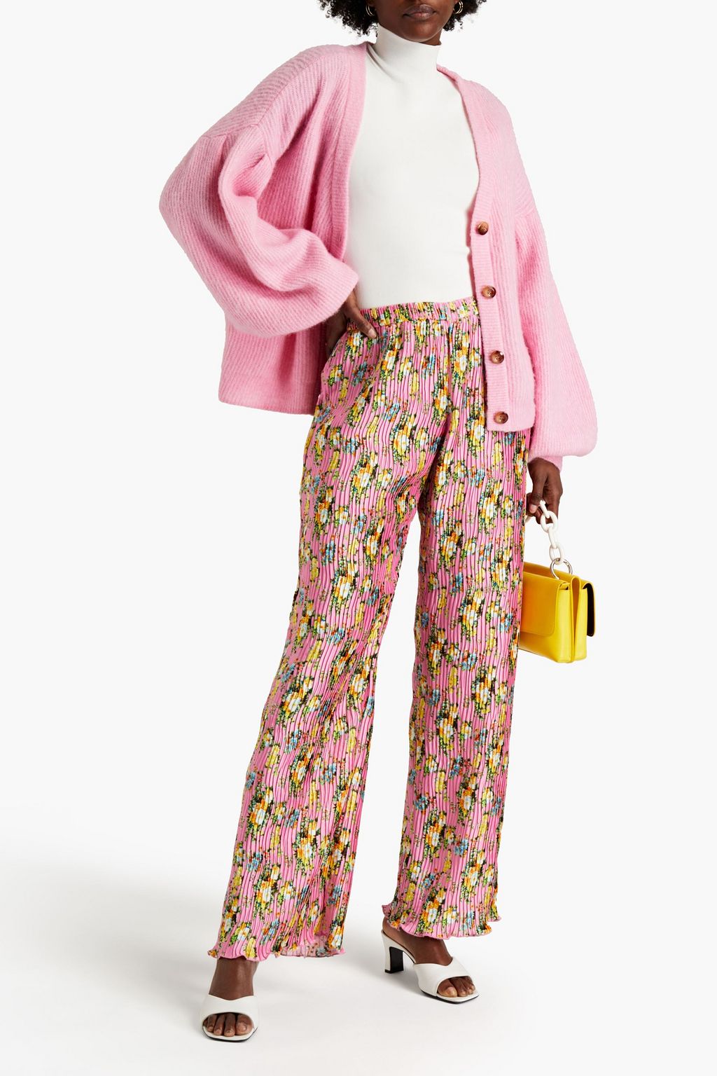 MSGM Plissé floral-print satin wide-leg pants