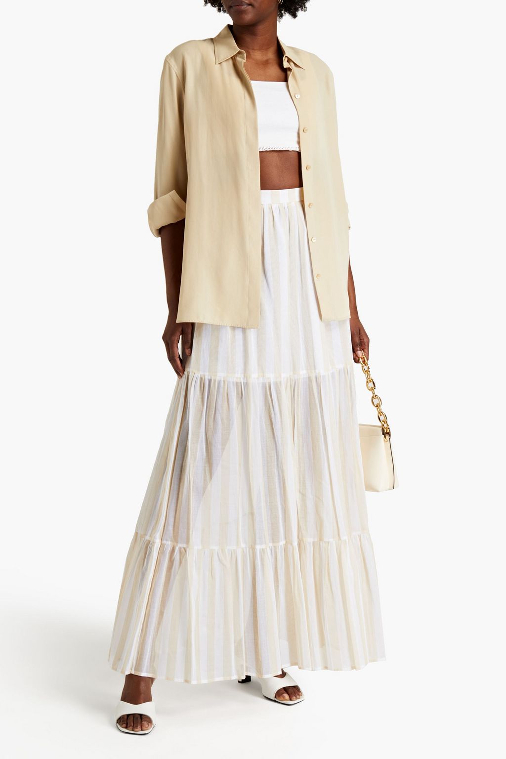 MSGM Gathered striped cotton-gauze maxi skirt