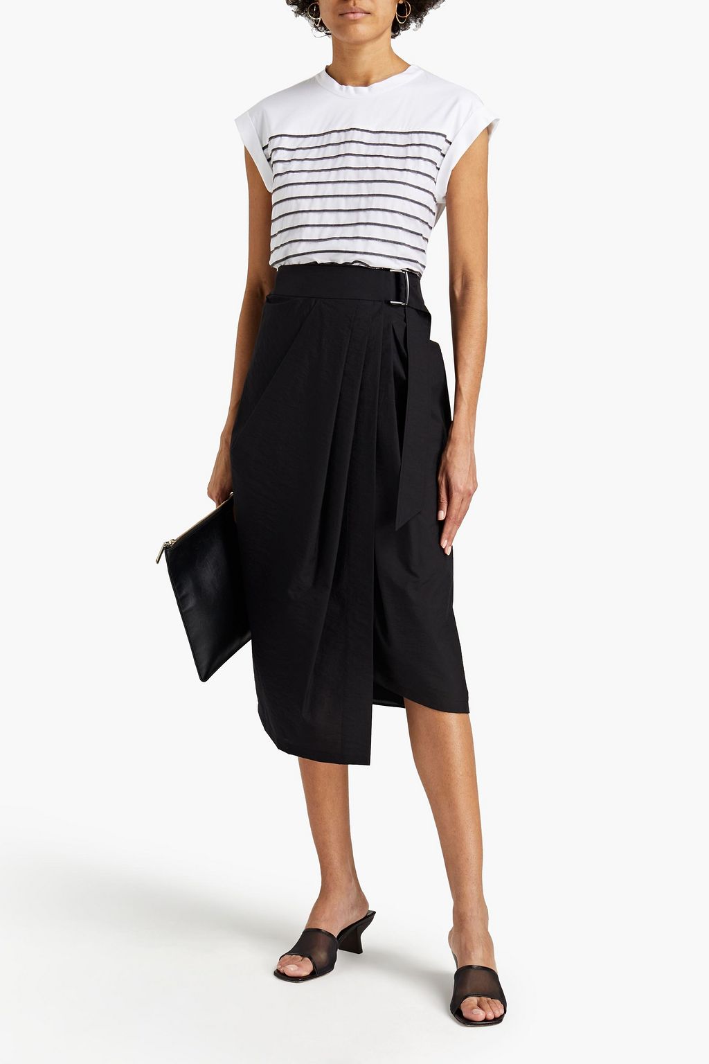 BRUNELLO CUCINELLI Pleated cotton-blend poplin midi wrap skirt