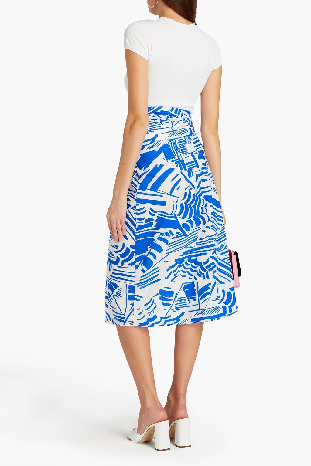 MSGM Wrap-effect belted ruched printed cotton-poplin midi skirt