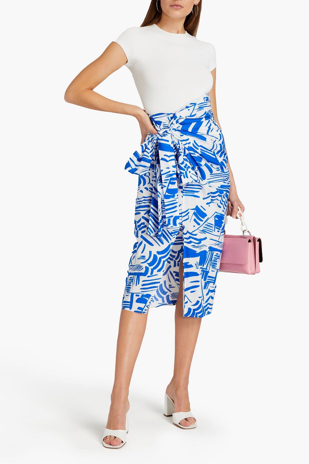 MSGM Wrap-effect belted ruched printed cotton-poplin midi skirt