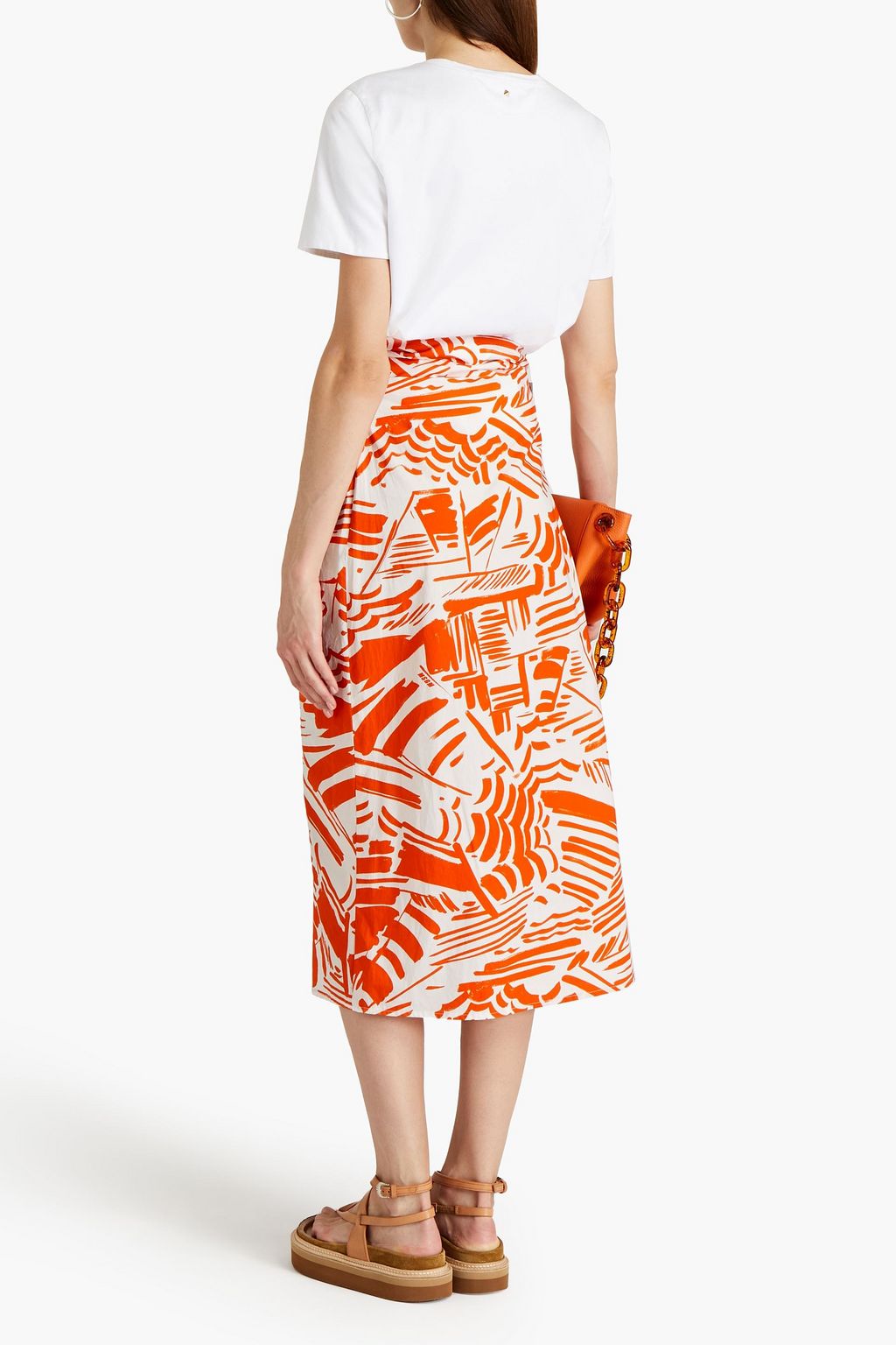 MSGM Wrap-effect belted ruched printed cotton-poplin midi skirt