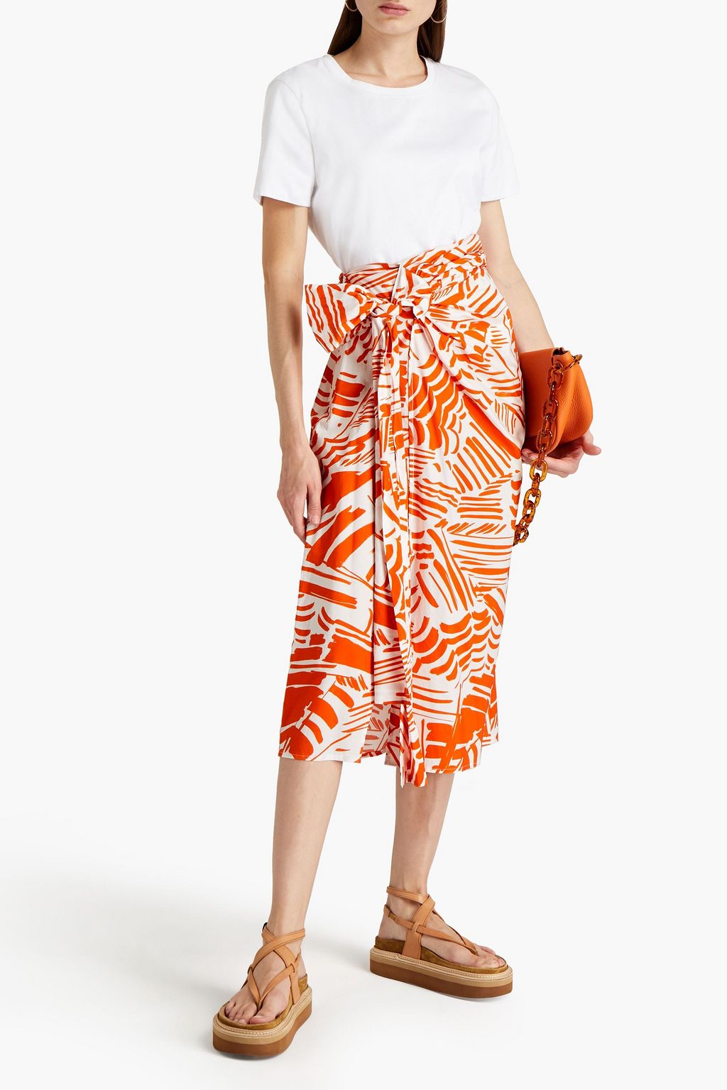 MSGM Wrap-effect belted ruched printed cotton-poplin midi skirt