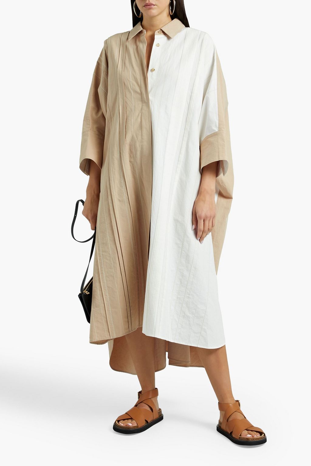 JOSEPH Dany pintucked two-tone slub cotton and linen-blend midi shirt dress