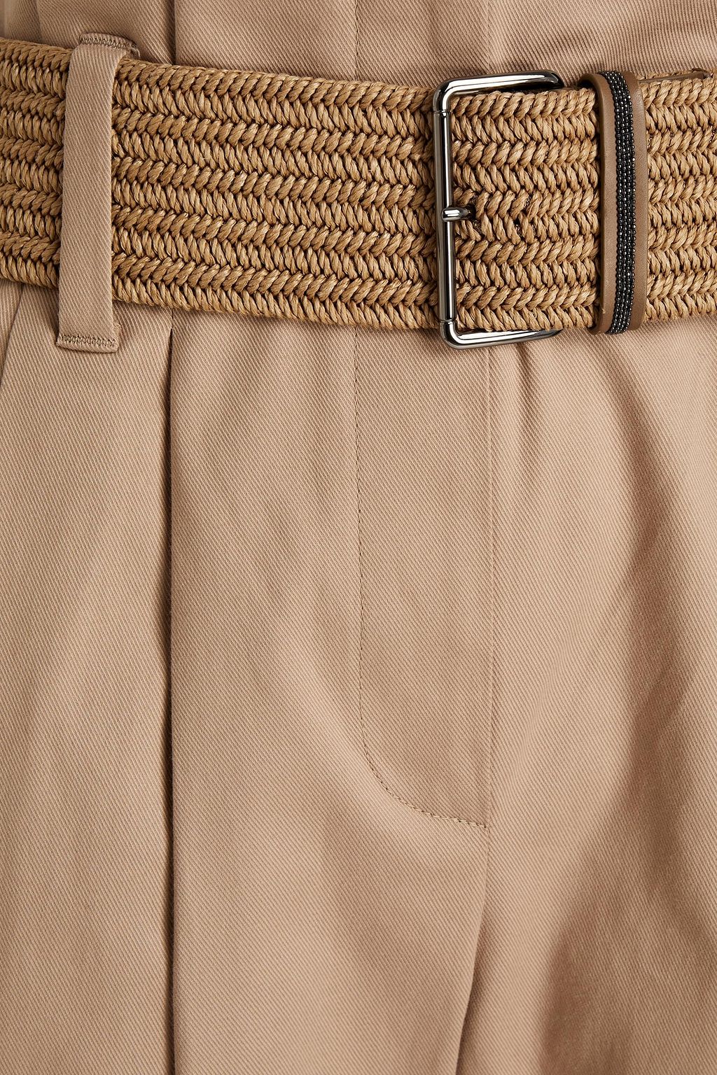 BRUNELLO CUCINELLI Bead-embellished pleated stretch-cotton tapered pants