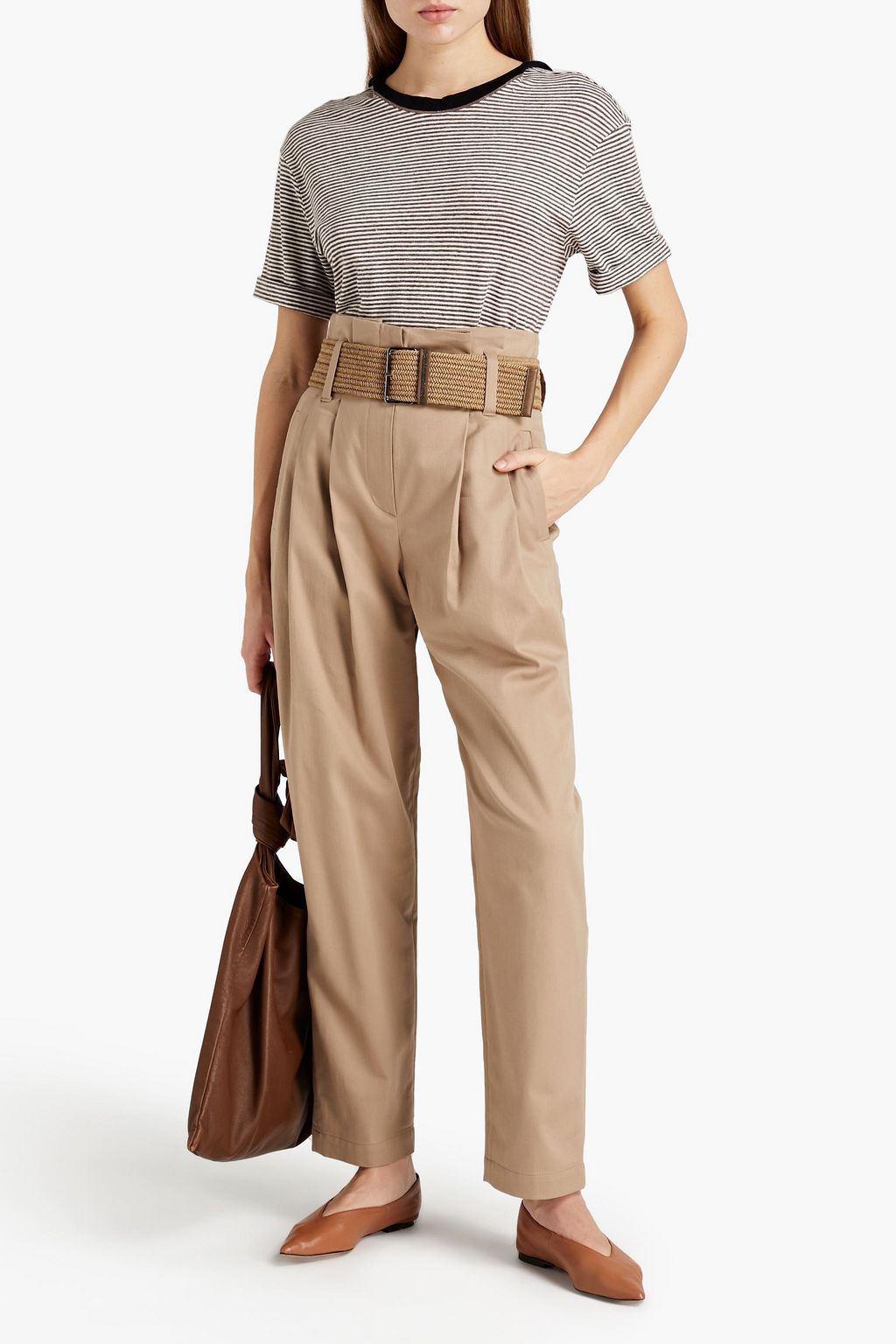 BRUNELLO CUCINELLI Bead-embellished pleated stretch-cotton tapered pants