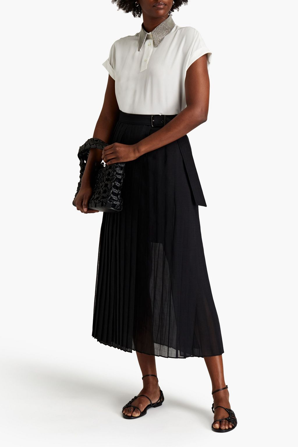 BRUNELLO CUCINELLI Bead-embellished pleated gauze midi wrap skirt