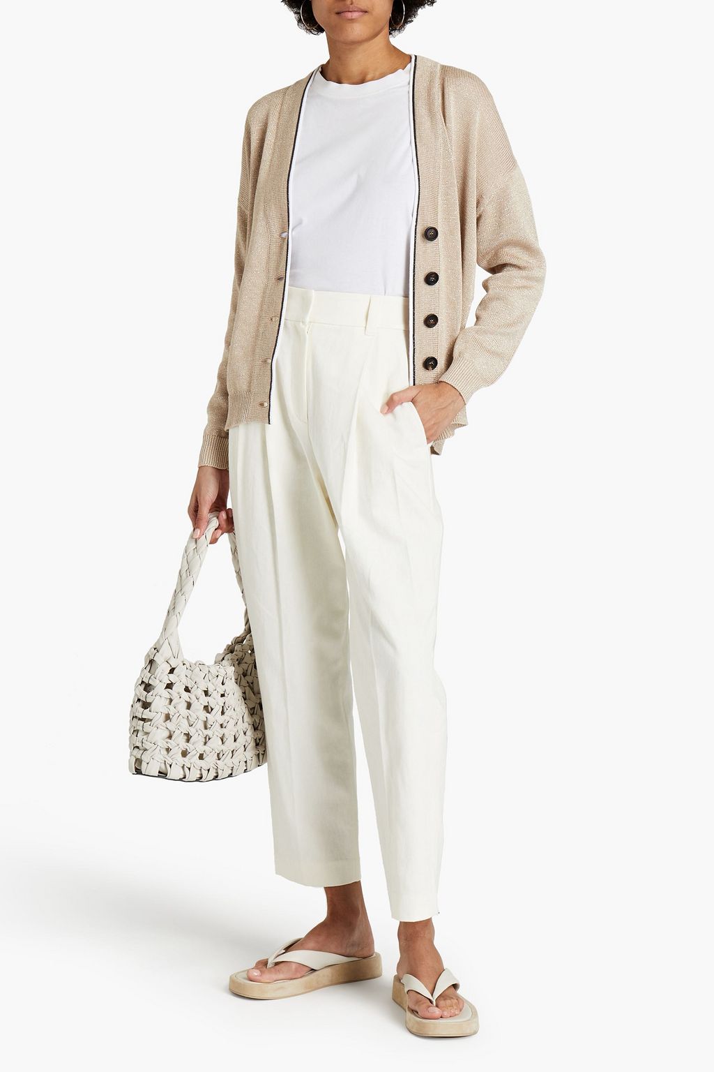 BRUNELLO CUCINELLI Pleated cotton and linen-blend twill tapered pants