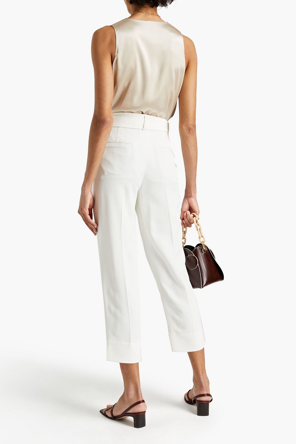 BRUNELLO CUCINELLI Cropped belted bead-embellished crepe tapered pants