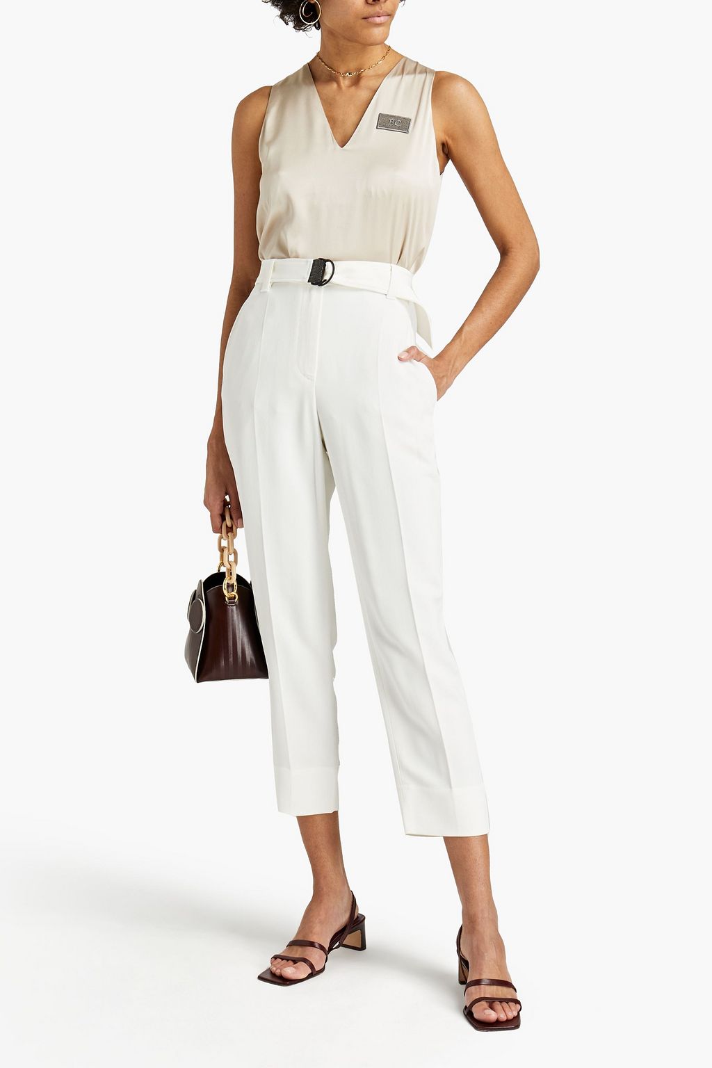 BRUNELLO CUCINELLI Cropped belted bead-embellished crepe tapered pants