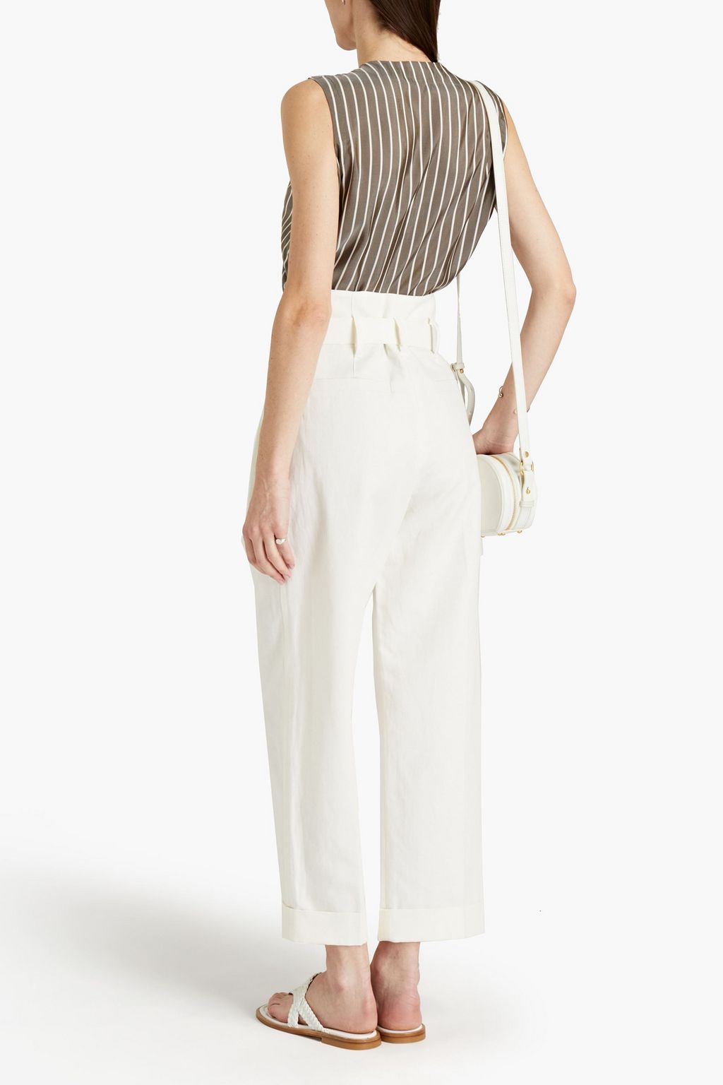 BRUNELLO CUCINELLI Belted cotton and linen-blend piqué tapered pants