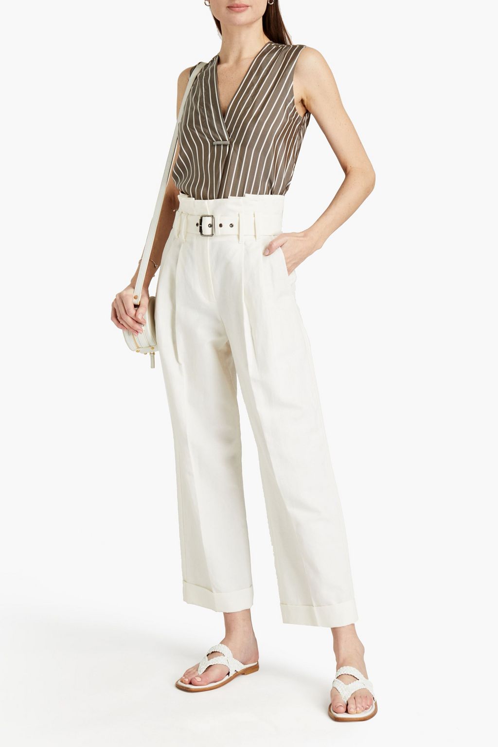 BRUNELLO CUCINELLI Belted cotton and linen-blend piqué tapered pants