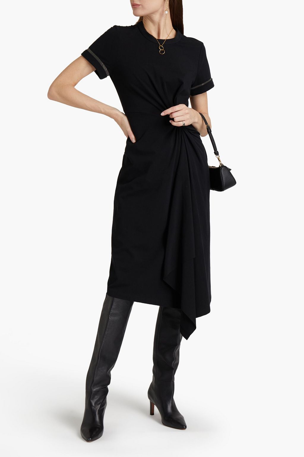 BRUNELLO CUCINELLI Twist-front bead-embellished stretch-cotton jersey midi dress