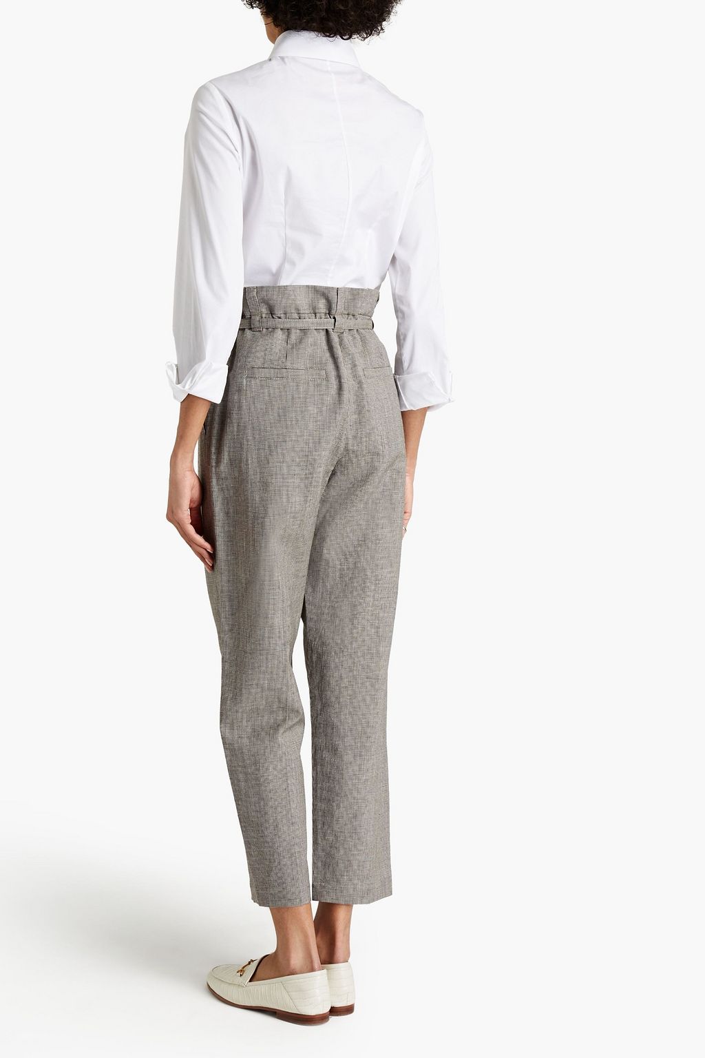 BRUNELLO CUCINELLI Karottenhose aus einer Woll-Leinenmischung mit Hahnentrittmuster und Gürtel
