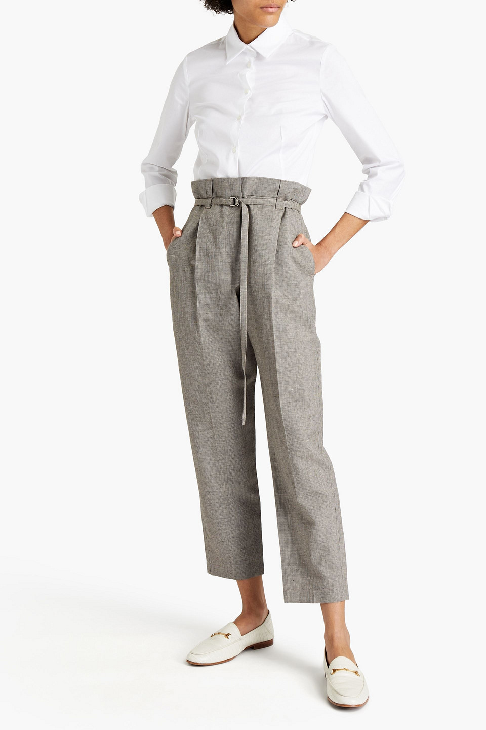 Brunello Cucinelli Belted Houndstooth Wool And Linen-blend Tapered Pants In Chocolate