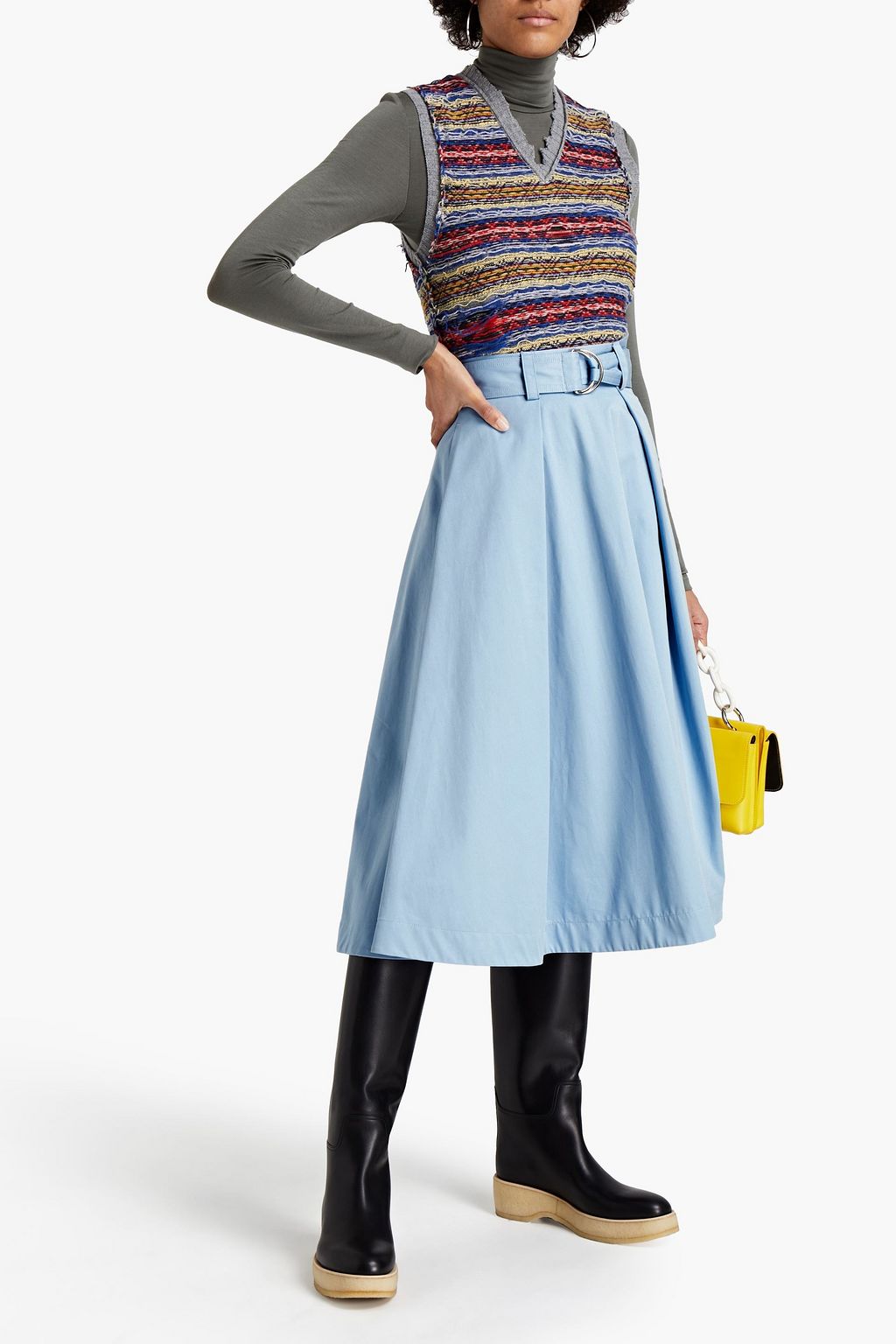 MSGM Pleated belted cotton-twill midi skirt