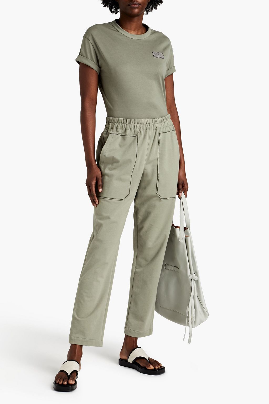 BRUNELLO CUCINELLI Bead-embellished French cotton-blend terry track pants