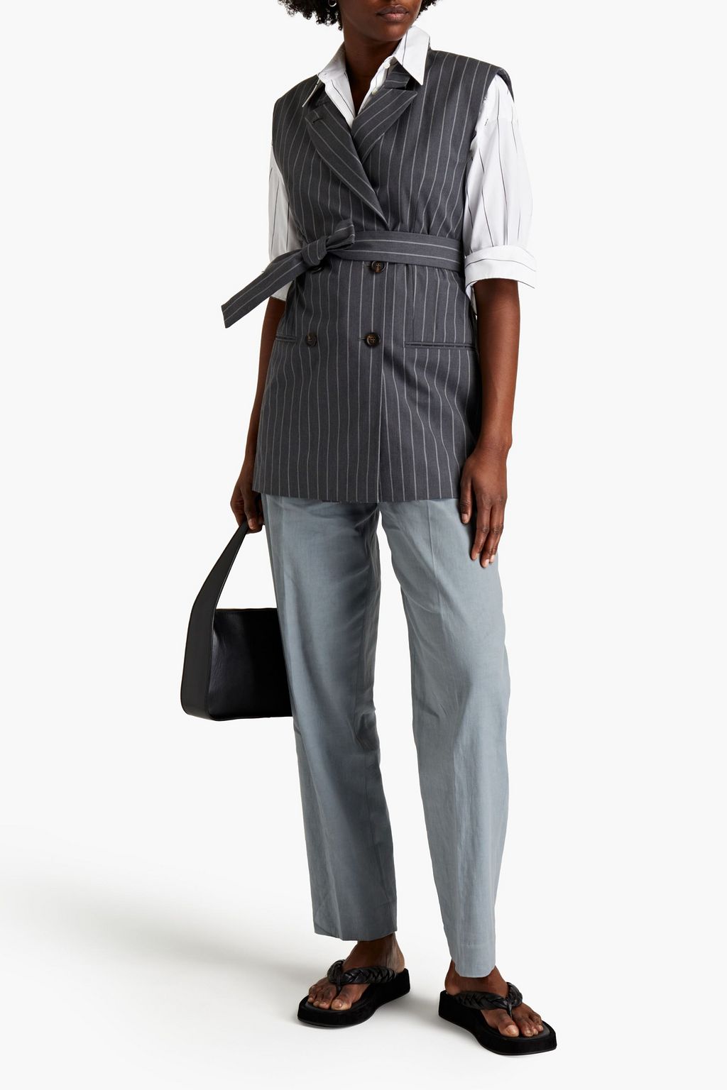 BRUNELLO CUCINELLI Double-breasted pinstriped cotton-blend vest