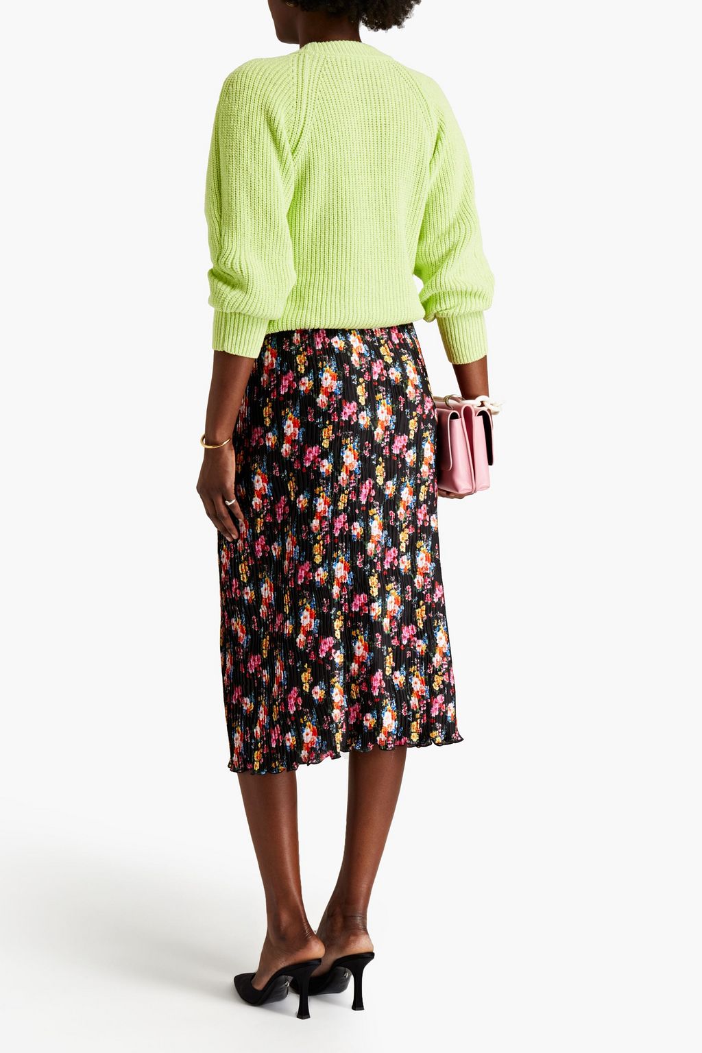 MSGM Plissé floral-print satin midi skirt