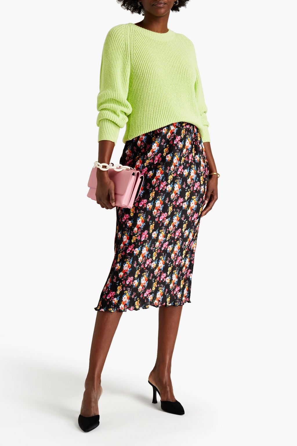 MSGM Plissé floral-print satin midi skirt