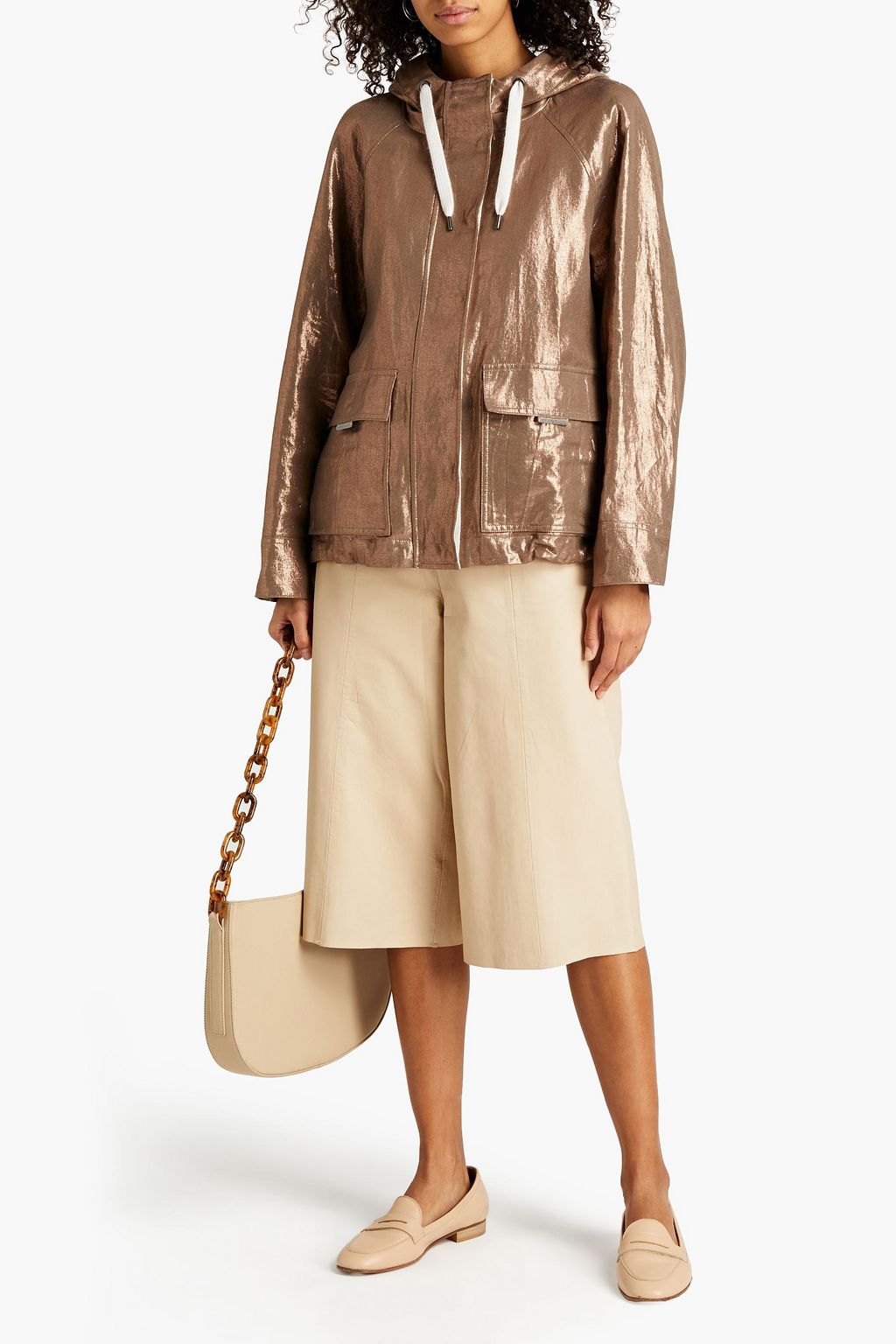 BRUNELLO CUCINELLI Bead-embellished metallic coated linen hooded jacket