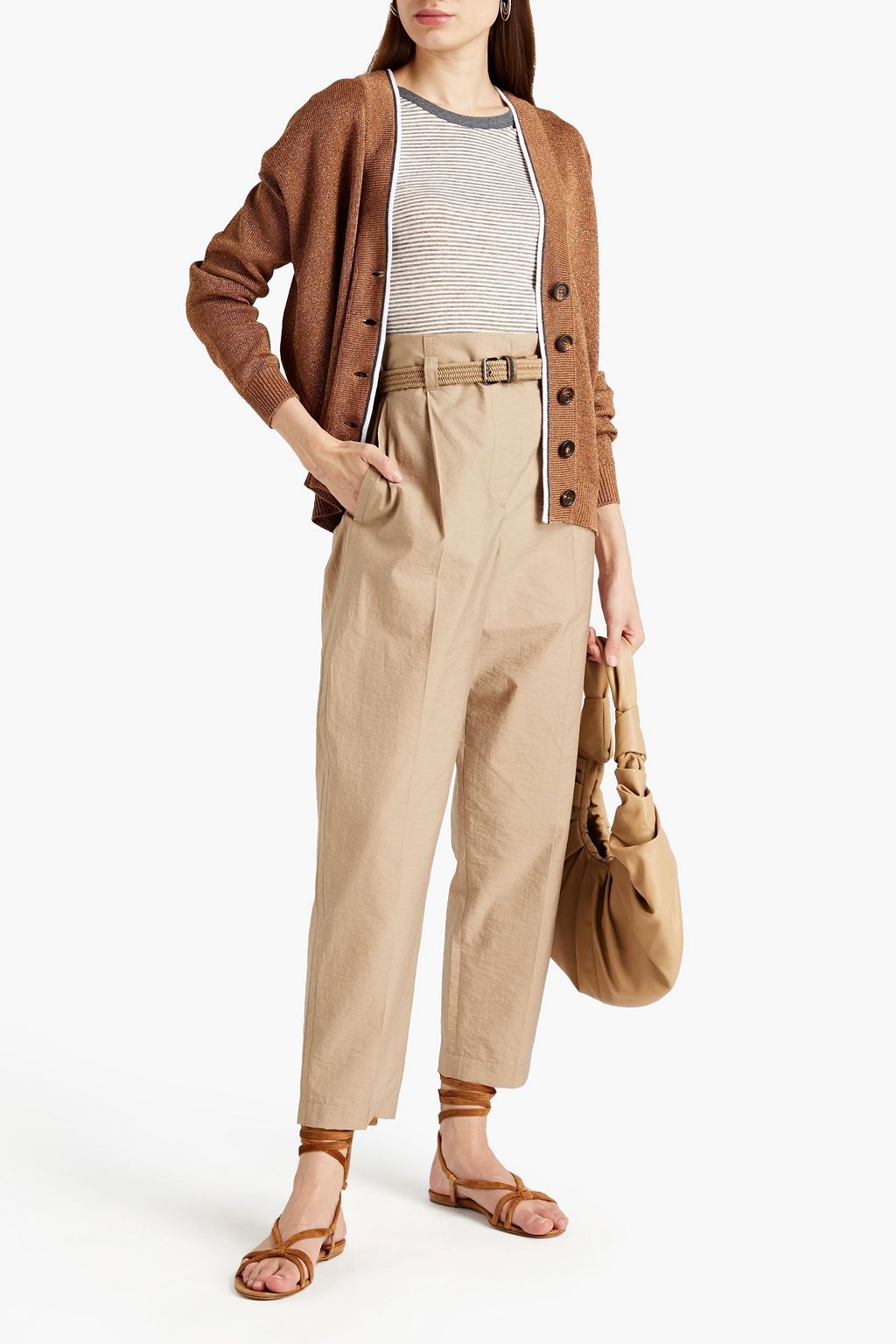 BRUNELLO CUCINELLI Belted crinkled cotton-blend tapered pants
