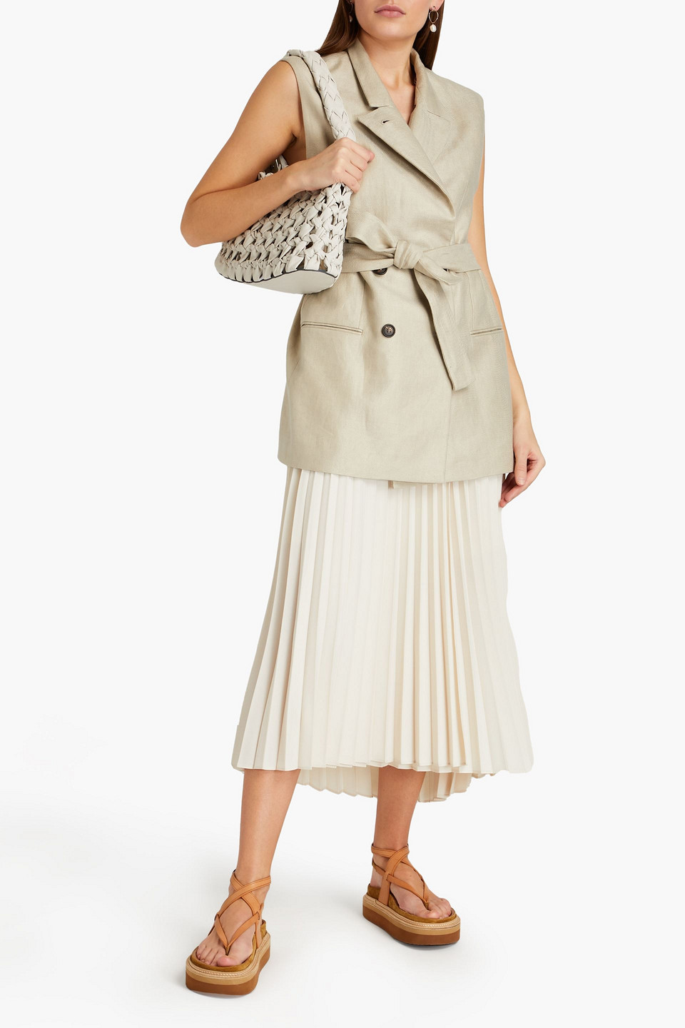 Brunello Cucinelli Double-breasted Belted Satin-trimmed Embellished Linen-twill Vest In Beige