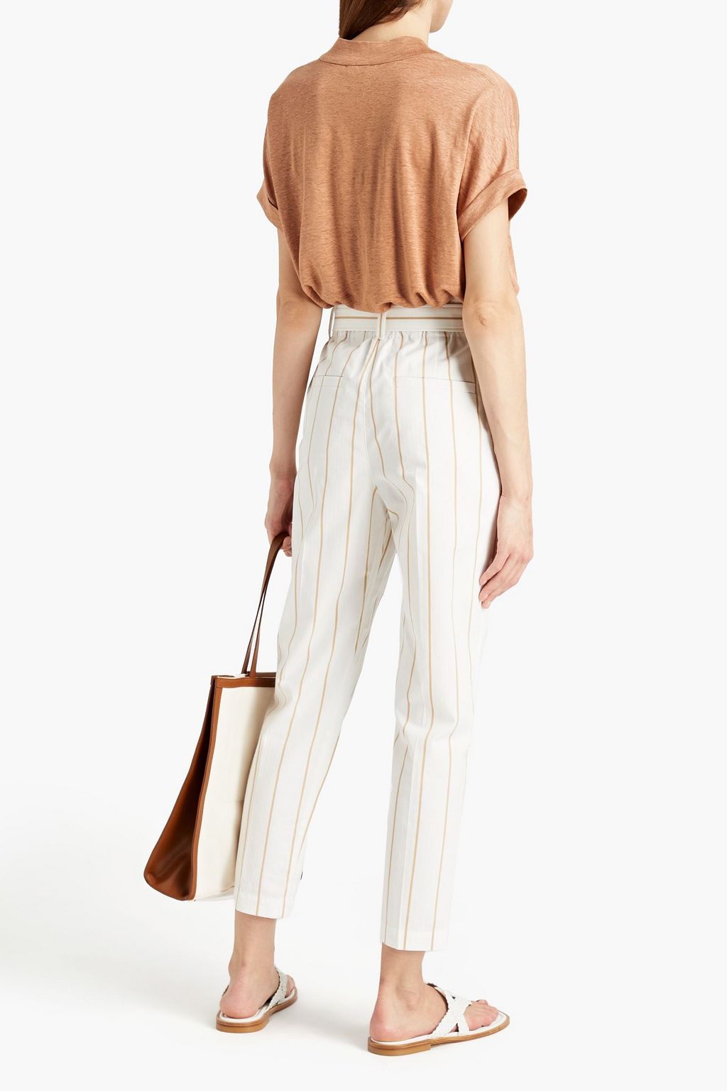 BRUNELLO CUCINELLI Pleated striped herringbone cotton-blend tapered pants