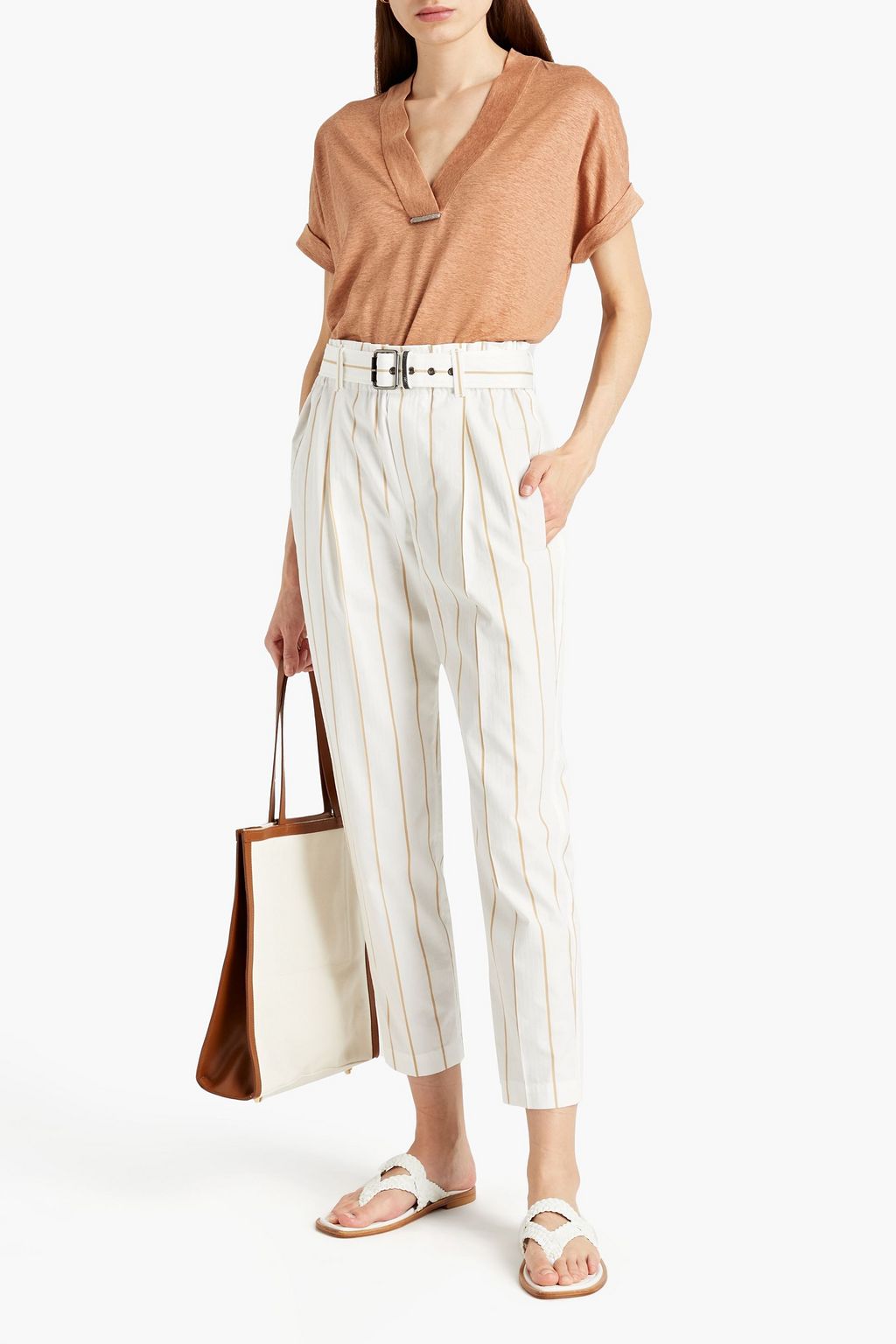 BRUNELLO CUCINELLI Pleated striped herringbone cotton-blend tapered pants