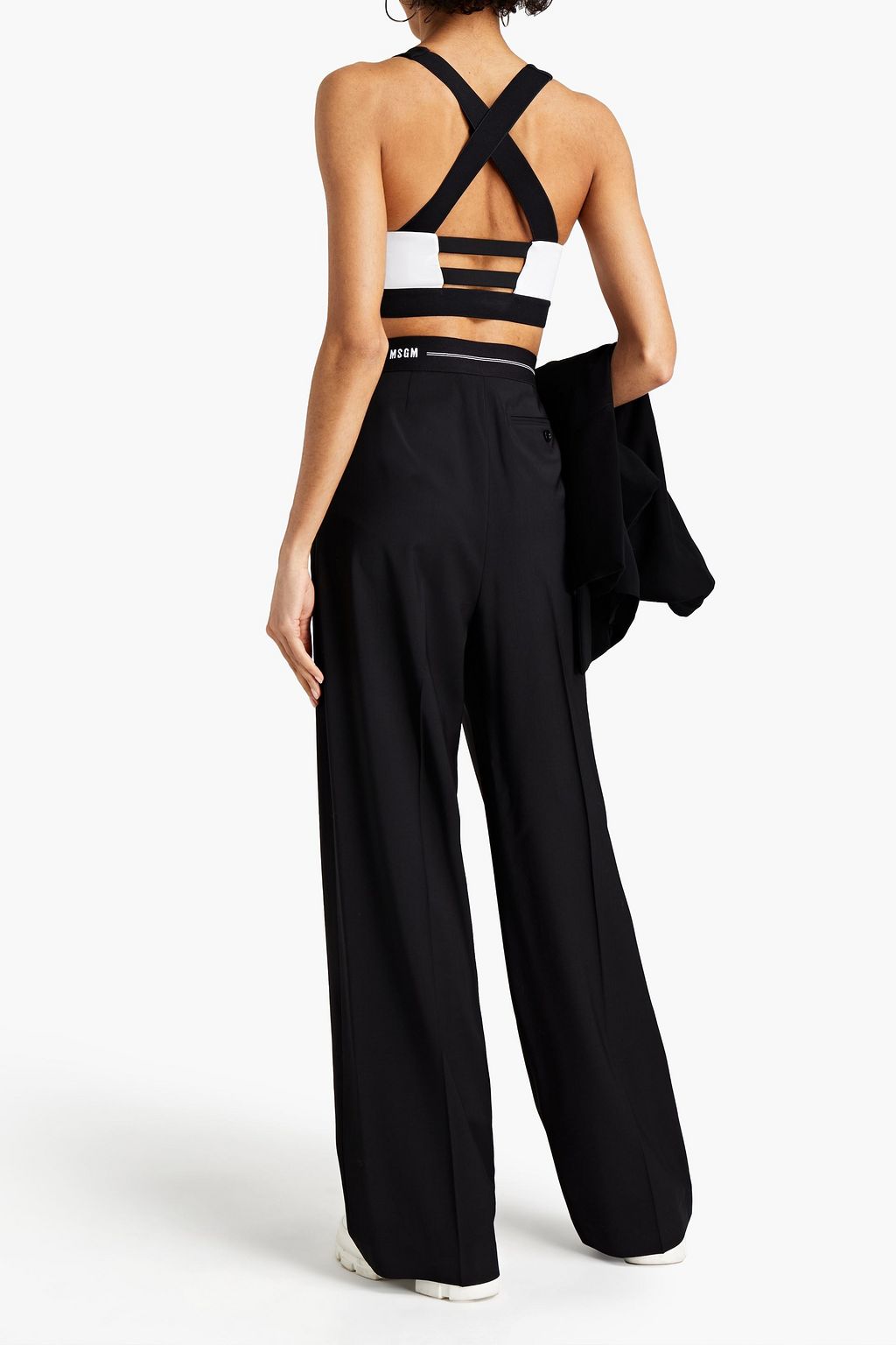 MSGM Jacquard-trimmed wool-canvas wide-leg pants