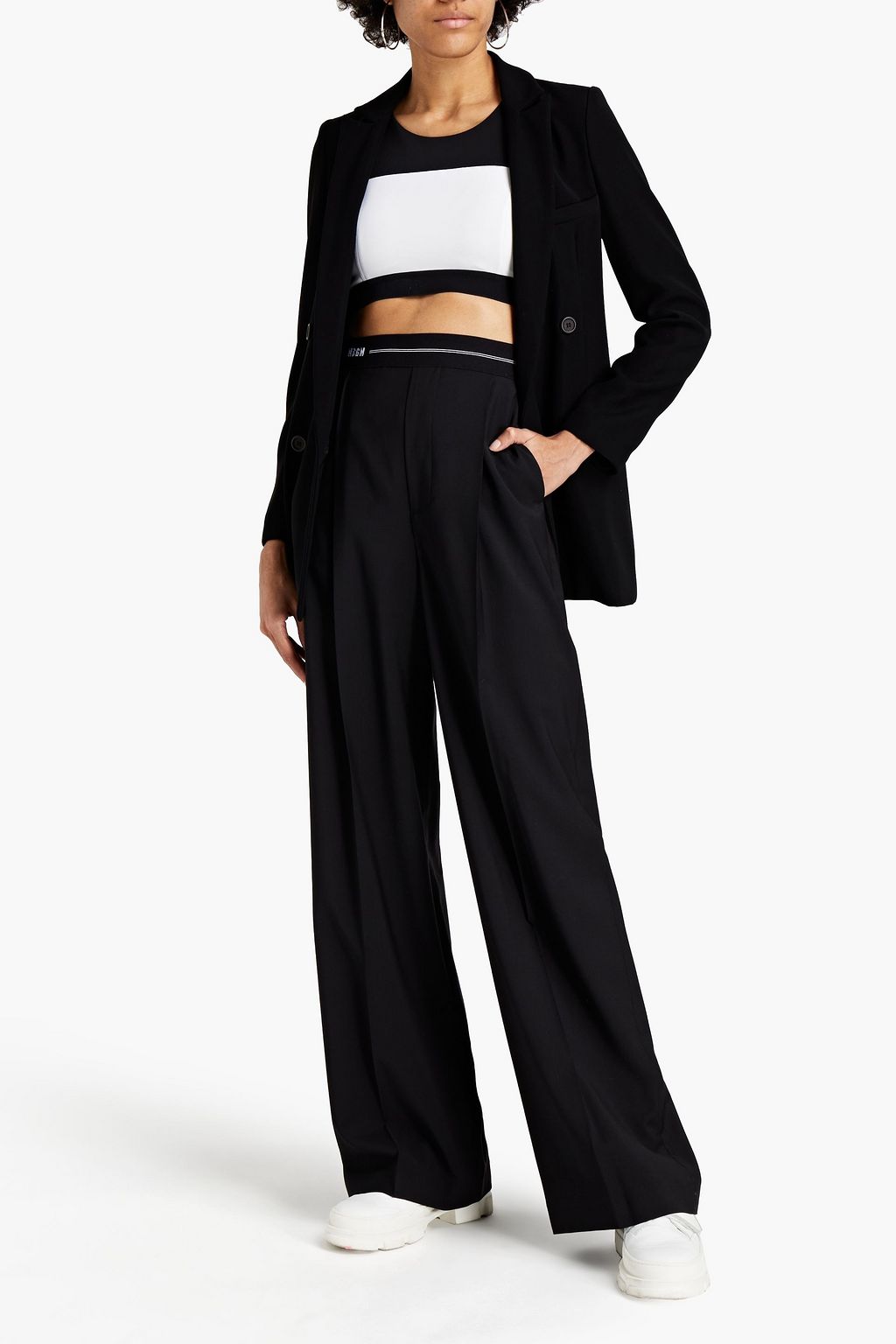 MSGM Jacquard-trimmed wool-canvas wide-leg pants