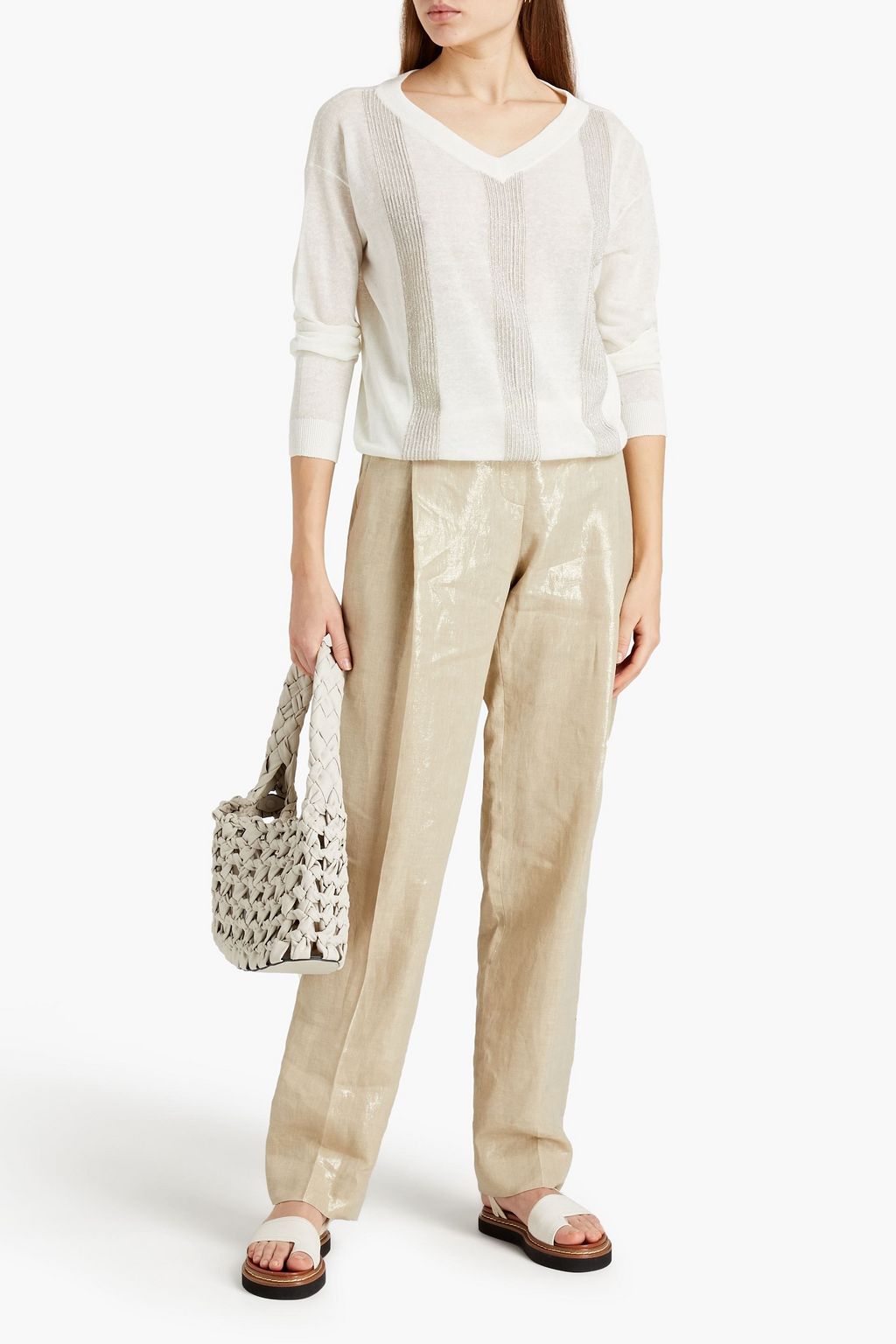 BRUNELLO CUCINELLI Plissierte Hose mit geradem Bein aus Leinen mit Metallic-Effekt