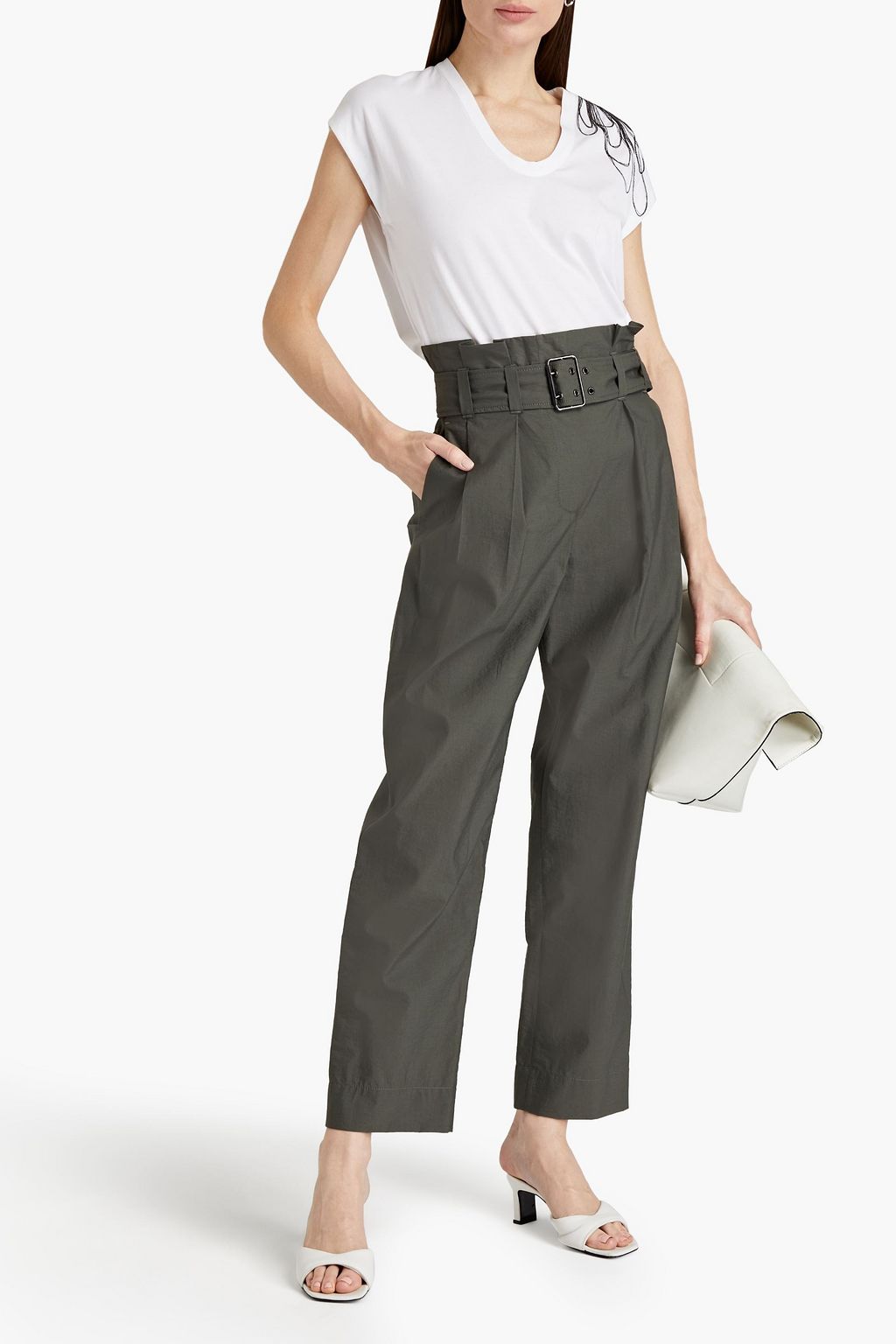 BRUNELLO CUCINELLI Belted crinkled cotton-blend straight-leg pants