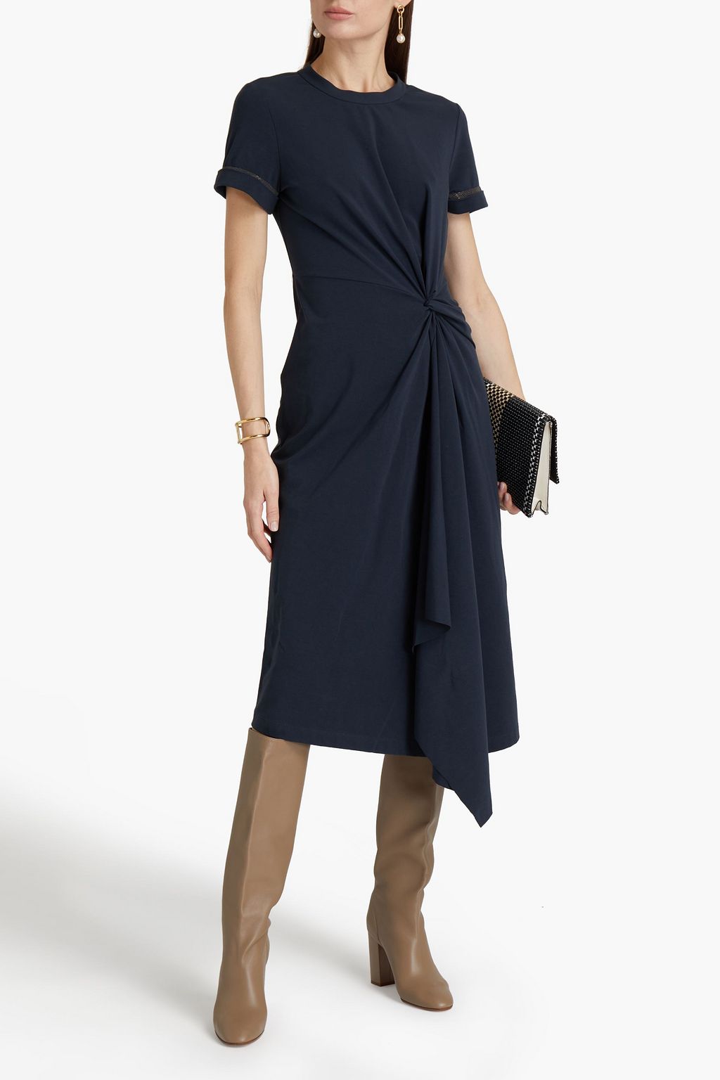 BRUNELLO CUCINELLI Twist-front bead-embellished stretch-cotton jersey midi dress