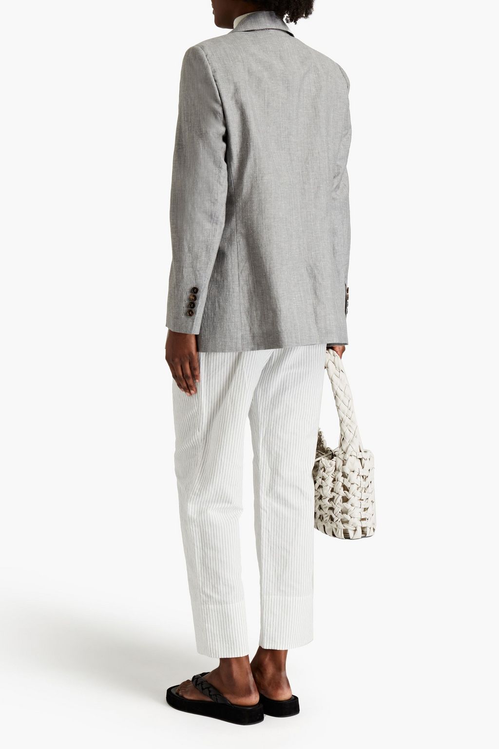 BRUNELLO CUCINELLI Pleated pinstriped cotton and linen-blend wide-leg pants